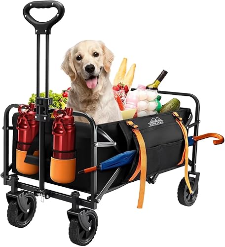 Carro plegable, carrito utilitario resistente con bolsillo lateral, vagones de gran capacidad para compras de comestibles, jardín, playa, picnic,