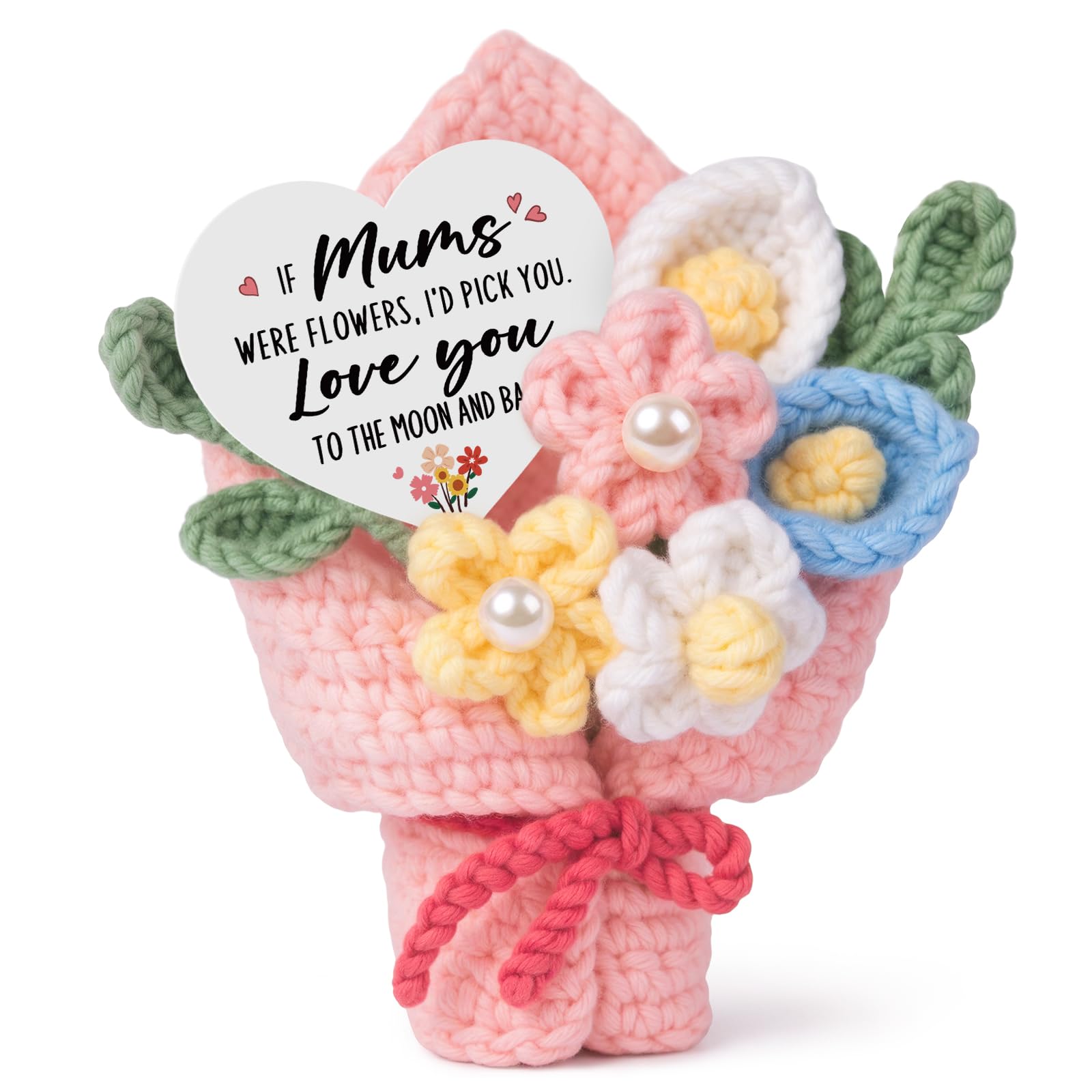 Mum Birthday Gifts, Handmade Positive Crochet Flower Bouquet with Card