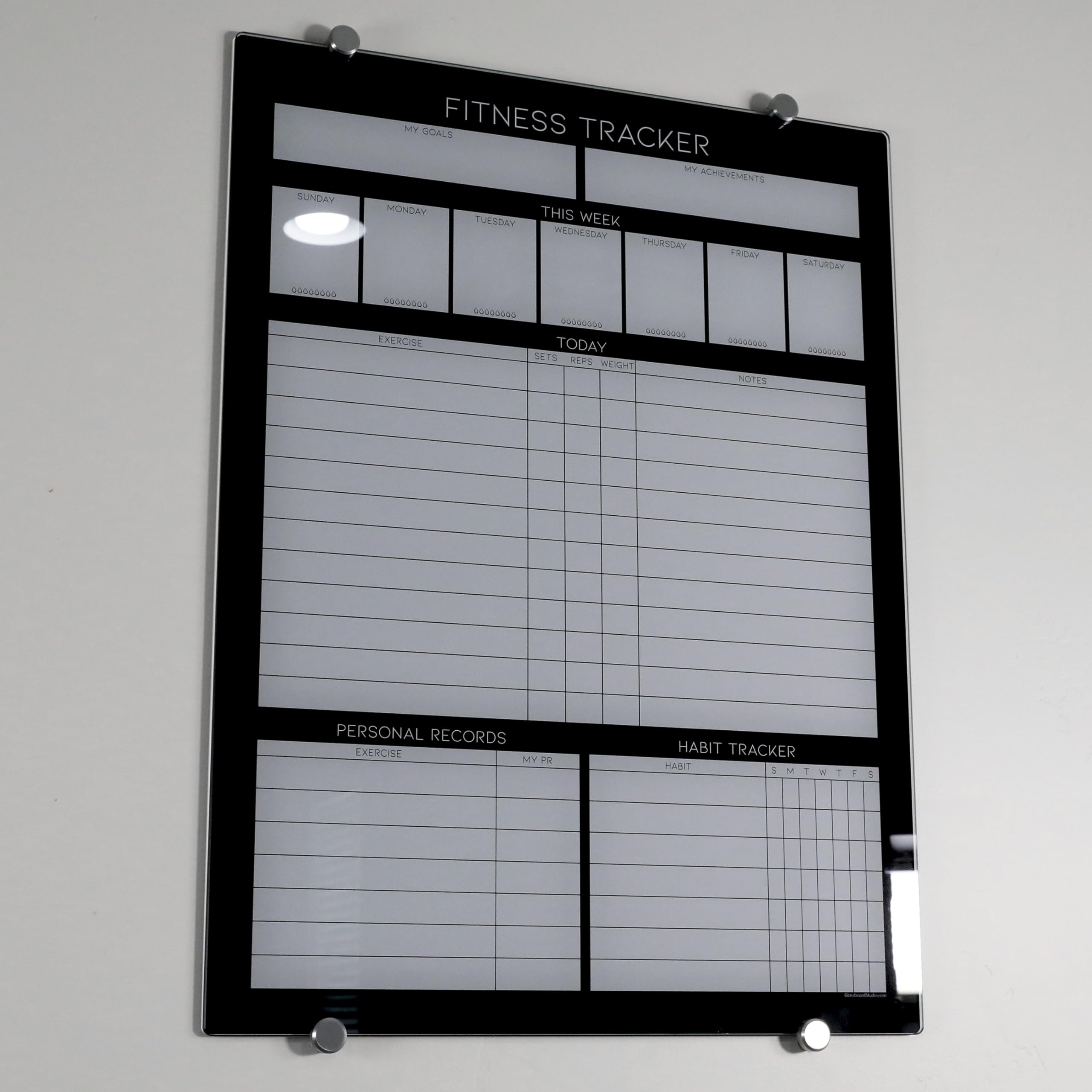 GLASSBOARD STUDIO Wysokiej klasy tablica suchościeralna ze szkła hartowanego, idealny planer, tablica do śledzenia celów i zadań - idealna tablica do planowania do użytku domowego, mieszkania i