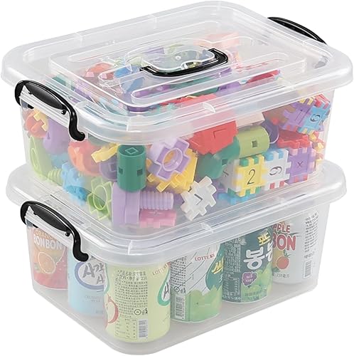 Quickquick - Caja de plástico de 8 L con asa, contenedores de cierre de almacenamiento con asas, transparente, 2 paquetes