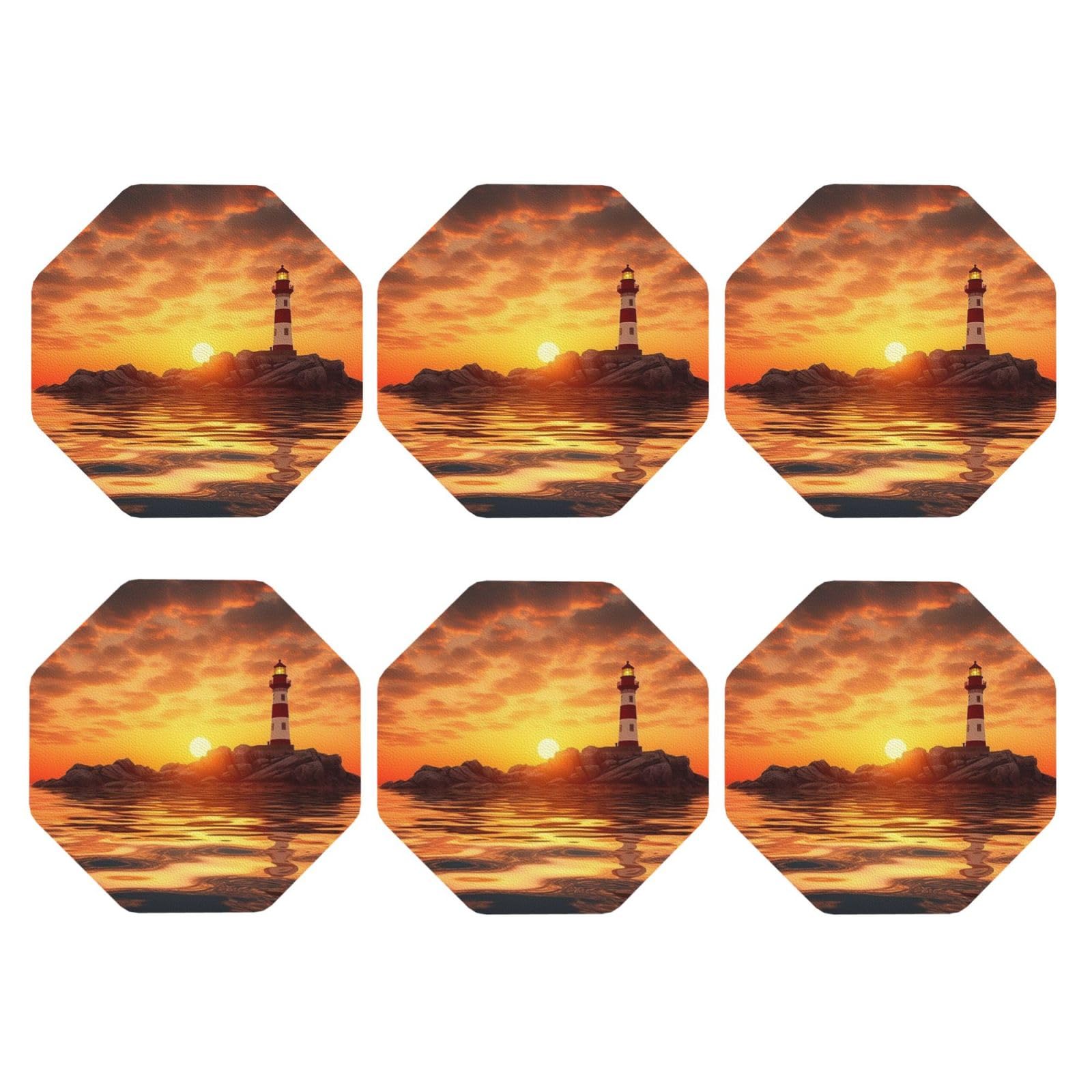 6pcs Leather Coasters for Drinks, Sea Lighthouse in Sunset Drink Coasters for Tabletop Protection, 4" Cup Coasters for Coffee Table Decor, Non-Slip Drinking Cup Mat for Hot Or Cold Drink