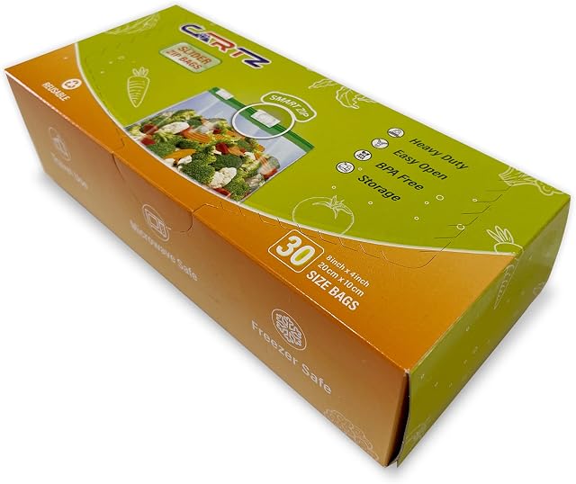 CARTZ Heavy Duty Plastic Food Storage Bags - Eco-Friendly and Airtight Seal Slider Bags - Perfect for Storing Fruit Veggies, Meat, Milk, and Fish (30 Snacks)