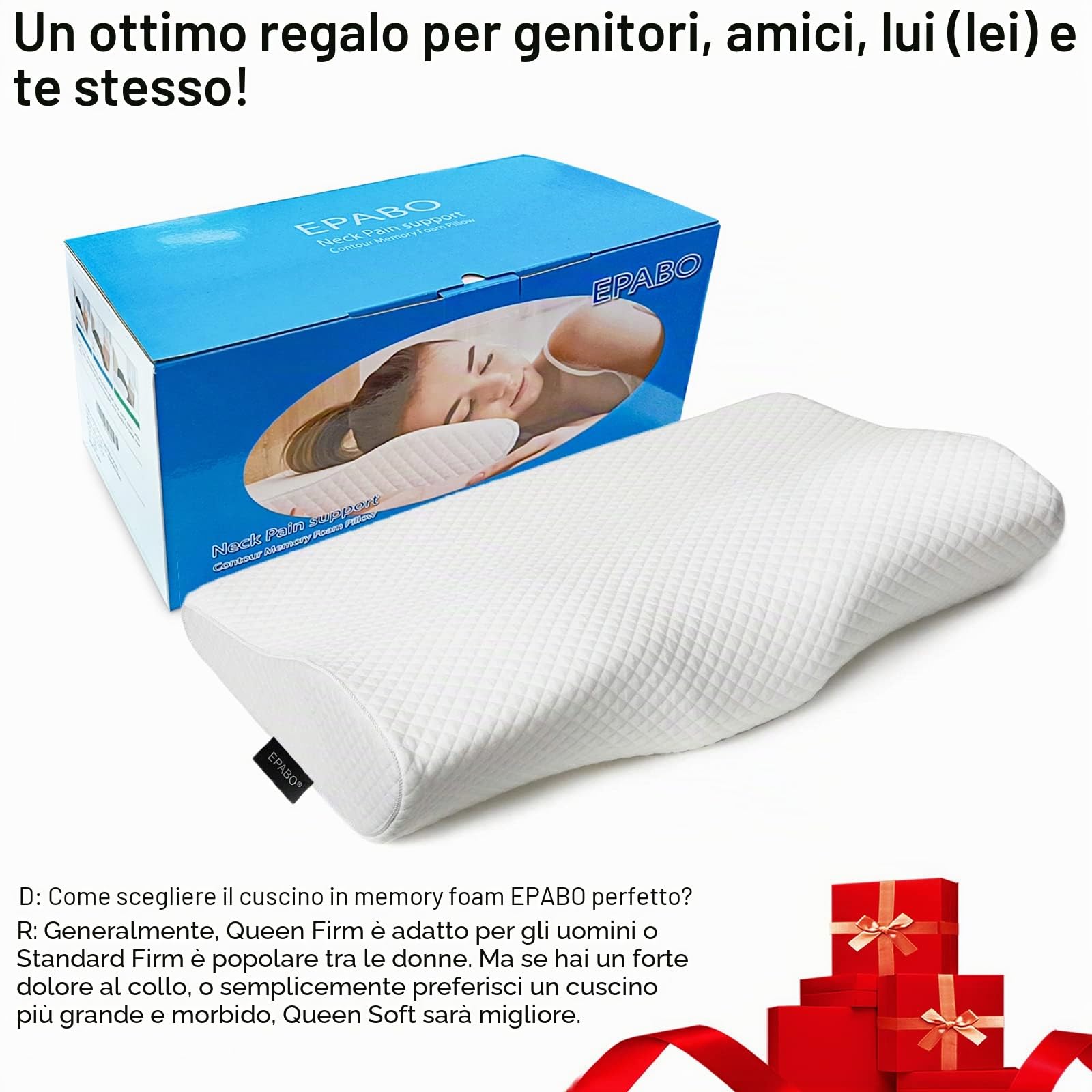 EPABO Contour - Cuscino ortopedico in memory foam, cuscino cervicale ergonomico per dolori cervicali, per chi dorme sul fianco, per chi dorme sulla schiena e sullo stomaco, federa inclusa (Firm