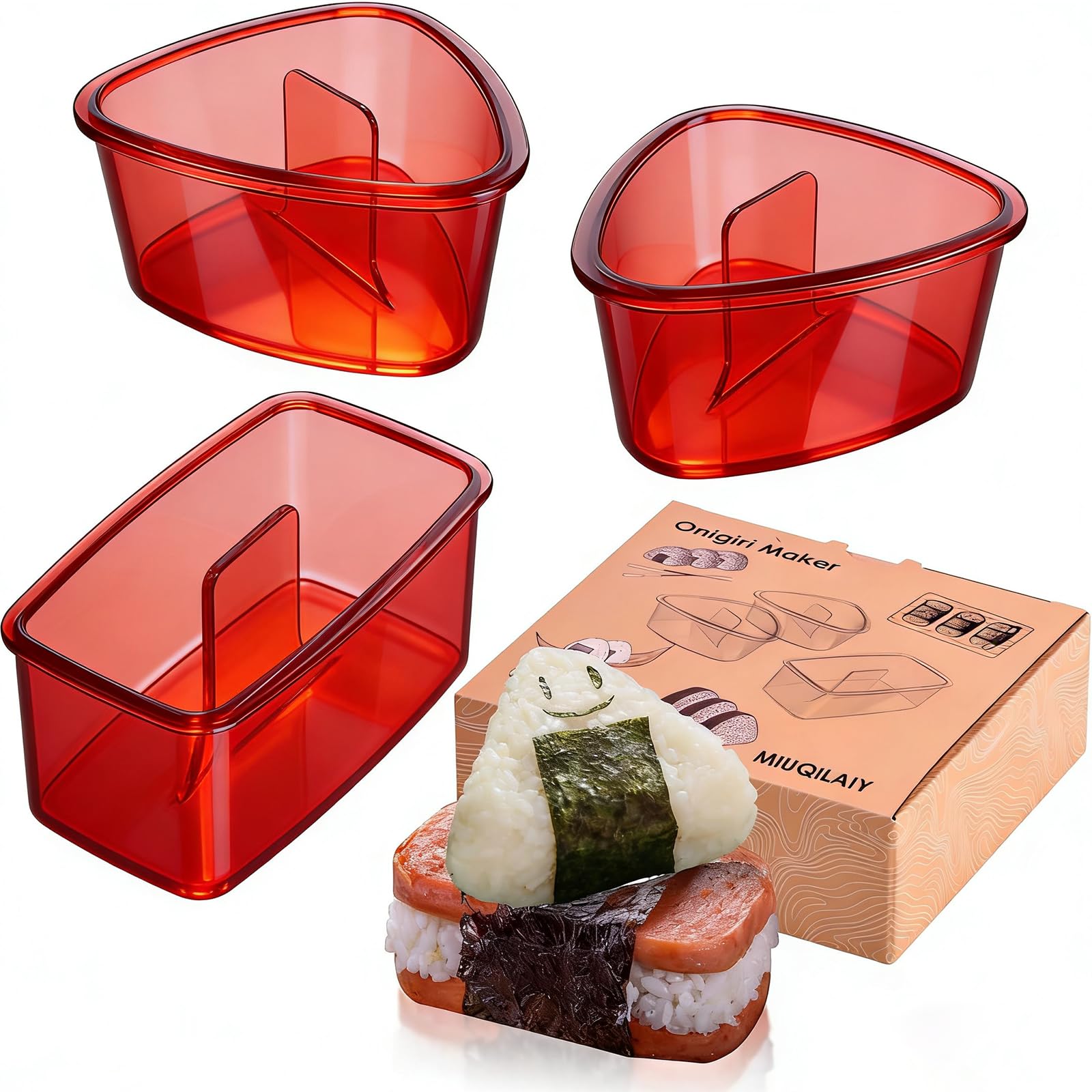 3PCS Clear Red Onigiri Rice Ball Mold Maker Kit, Musubi Press, Triangle Sushi Press for Kid Lunch Bento, Non-stick, BPA-Free