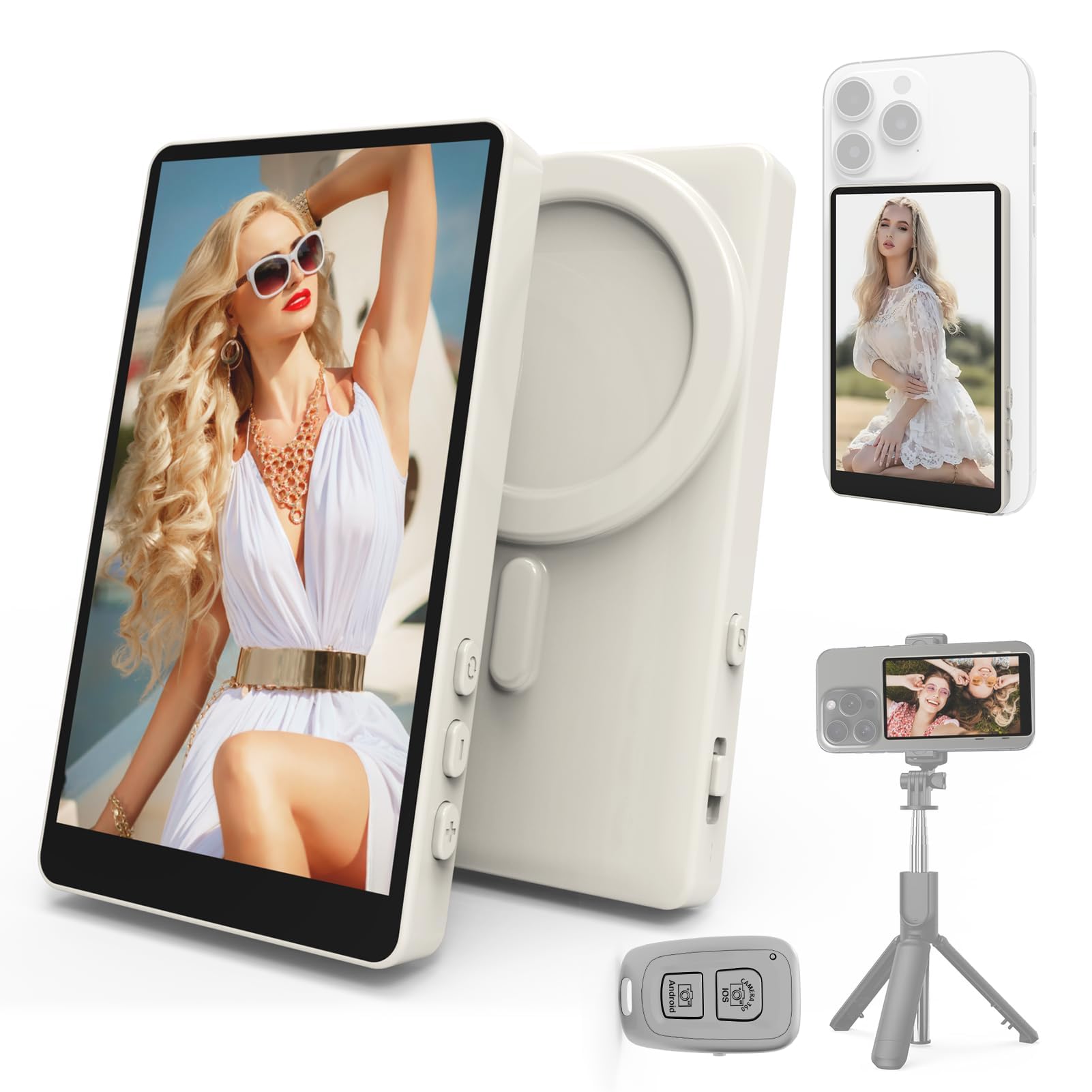 Photo 1 of Vamvo Magnetic Selfie Monitor Screen for iPhone & Android, 4K Wireless Vlog Screen with Remote, 180° Rotation & Screen Mirroring Content Creator Essentials for TikTok, YouTube Live Streaming (White)