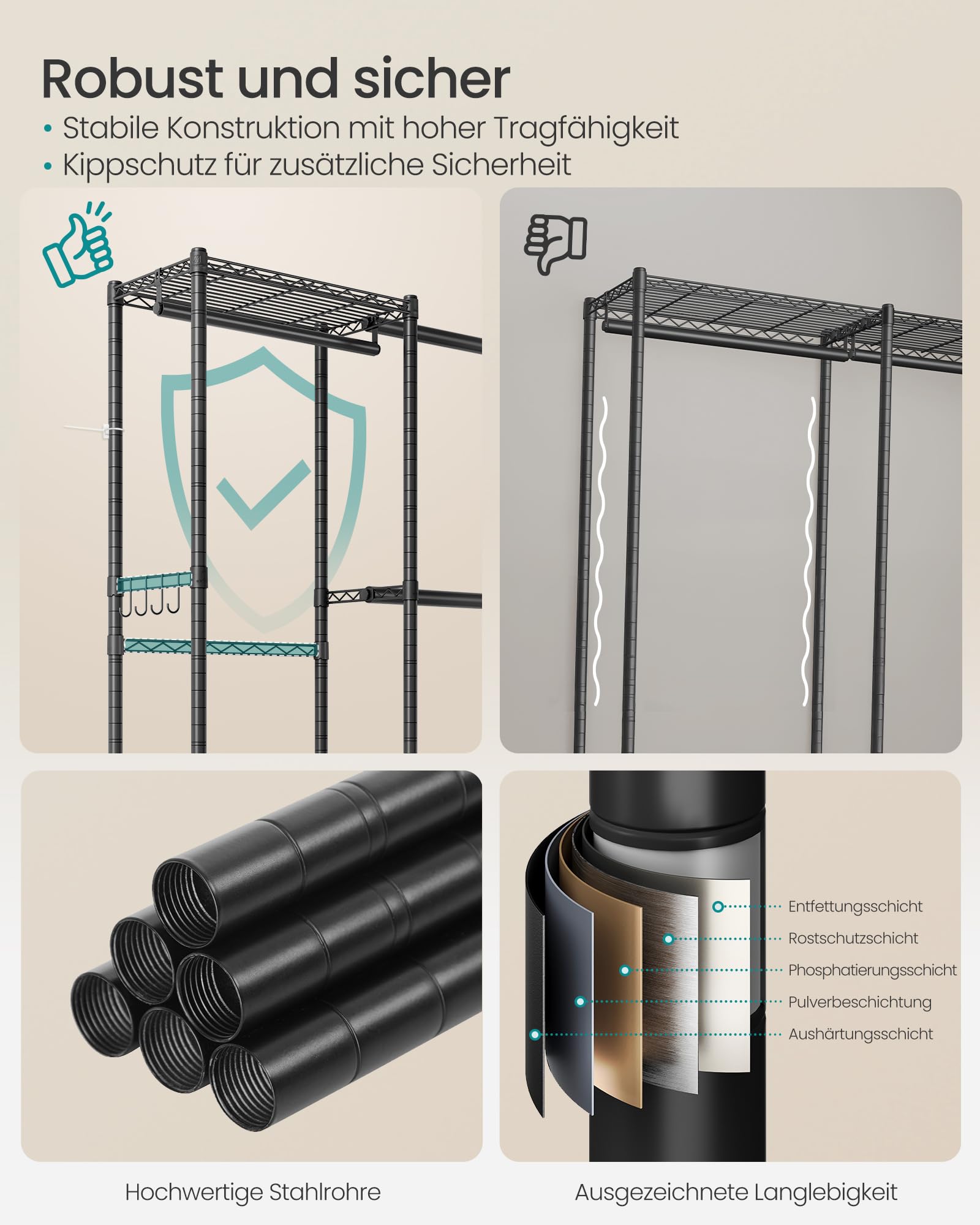 SONGMICS Kleiderständer, offener Kleiderschrank, ausziehbarer Garderobenständer, mit verstellbaren Ablagen und Kleiderstangen, Haken, 40 x (177-220) x 193 cm, tintenschwarz LGR438BH01