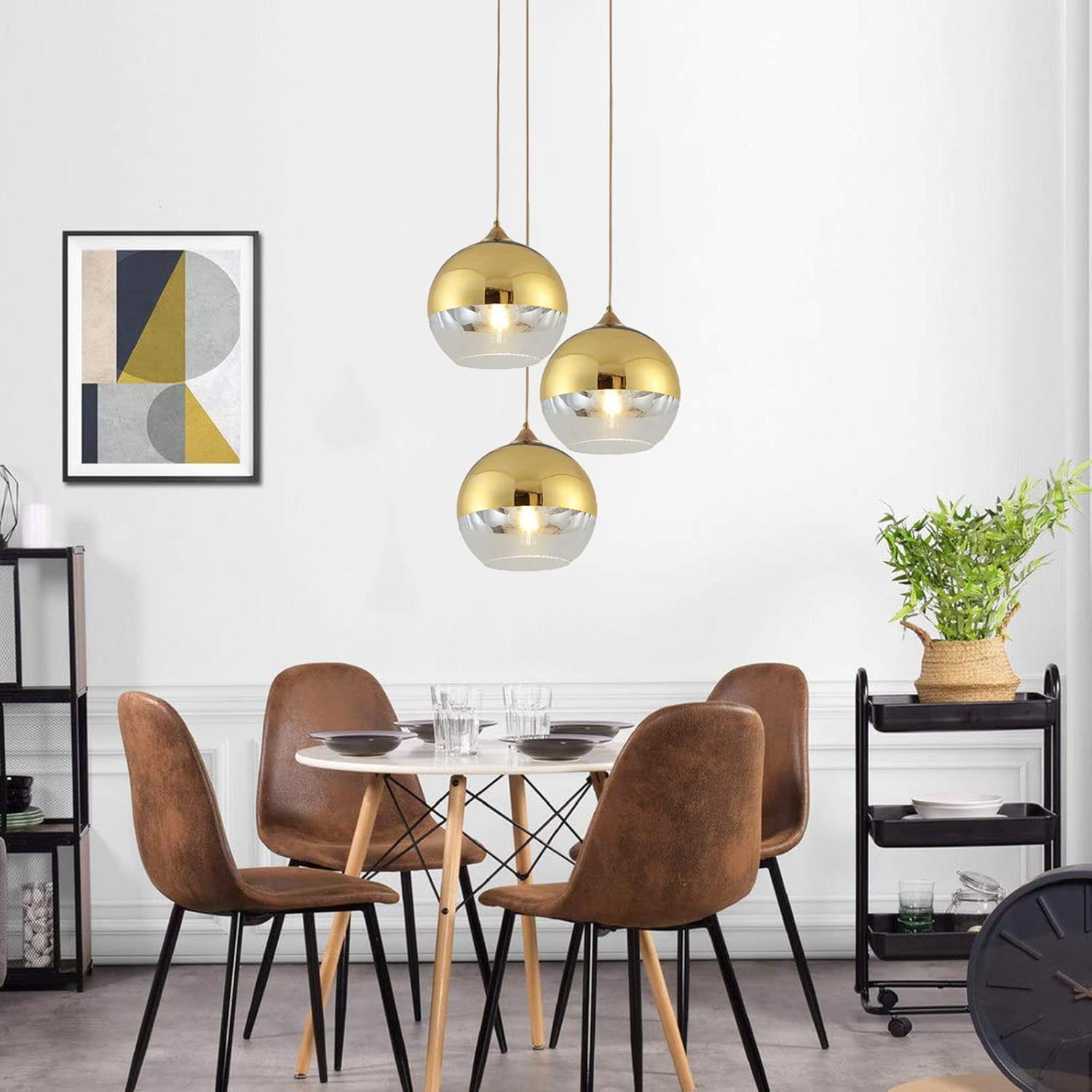 Semi-Plated Spherical Glass Pendant Light,Modern Simple Globe Ceiling Hanging Lamp, Kitchen Island Dining Room Bedroom Chandelier (Gold, 7.9 inch)