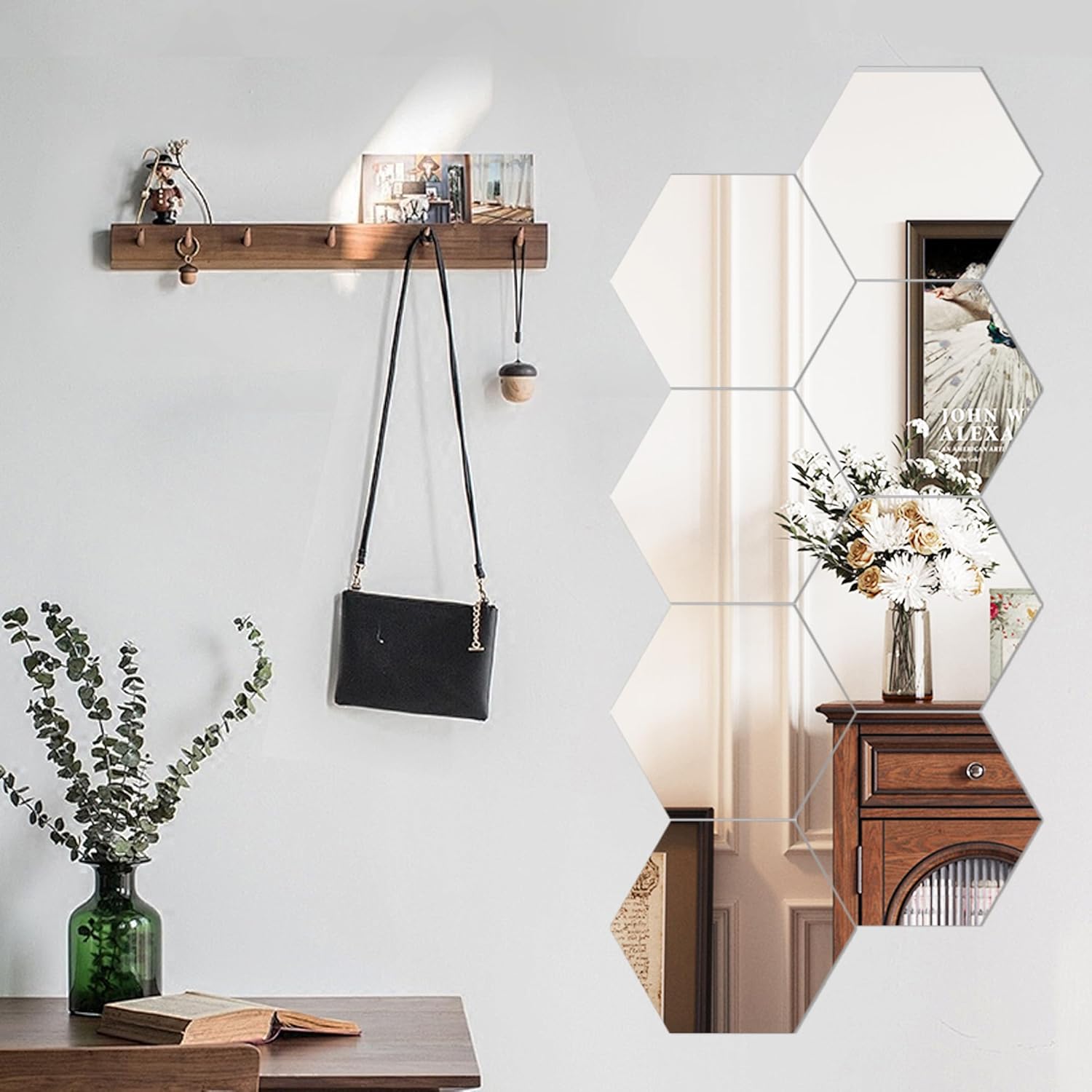 LXCREAT Hexagon Self Adhesive Stick on Mirror for Wall, Small Unbreakable Acrylic Mirrors Tiles 11.8x11.8 Inch 10PCS, Flexible Full Length Peel and Stick Mirror for Bathroom Gym Home Door Decor