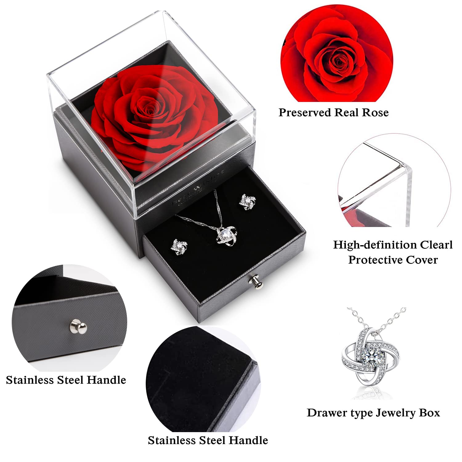 Rosa Eterna Stabilizzata Idee Regalo Donna, Mamma, Moglie, Rosa Eterna con Collana Regali per Lei - Rose Stabilizzate per San Valentino, Festa della Mamma