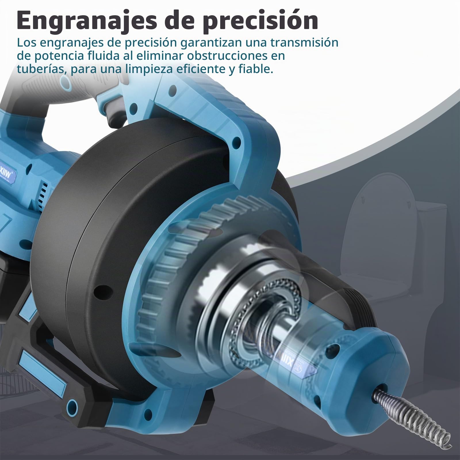 XIIW Desatascador tuberías con espiral de limpieza de 7,6 m, motor de cobre 610 rpm, dirección y velocidad por botones - Limpiador de desagües para inodoros, baños y cocinas (batería no incluida)