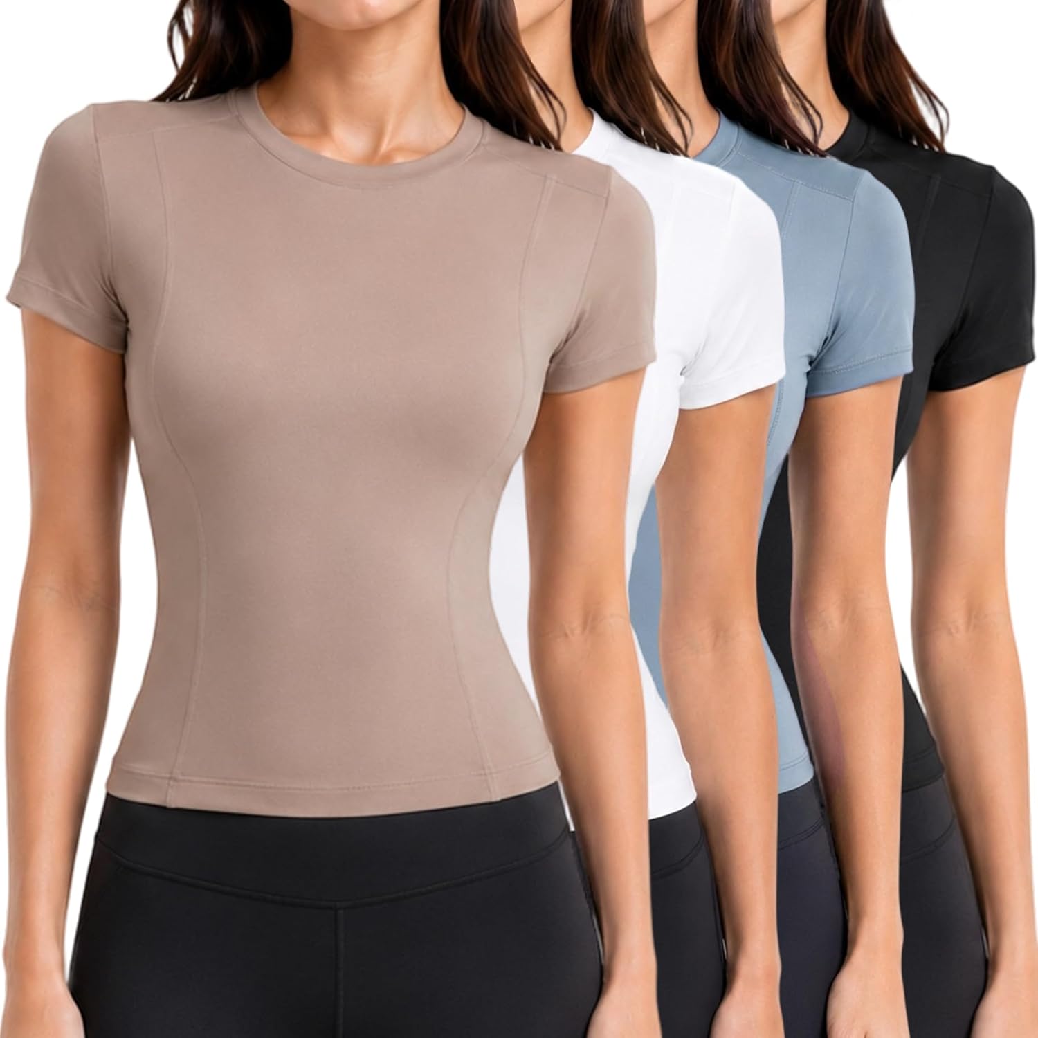 4-Pack Women's Compression T-Shirts-Slim Fit Sun Protection-Athletic Quick Dry Workout Tops for Gym Yoga Running