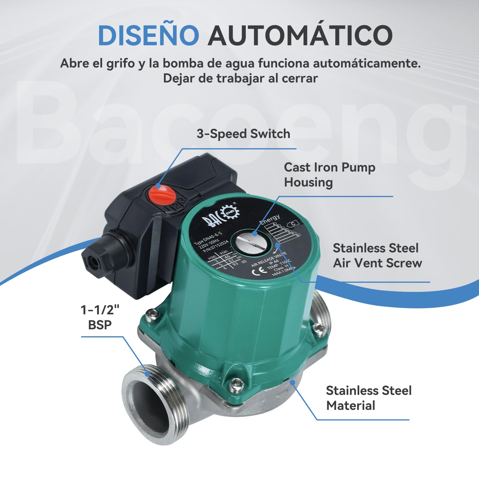 BACOENG Bomba de Circulación RS25/6-180 Acero Inoxidable Bombas de Recirculacion Calefacción para Sistemas Circuladora Calefaccion Central 220V/50Hz