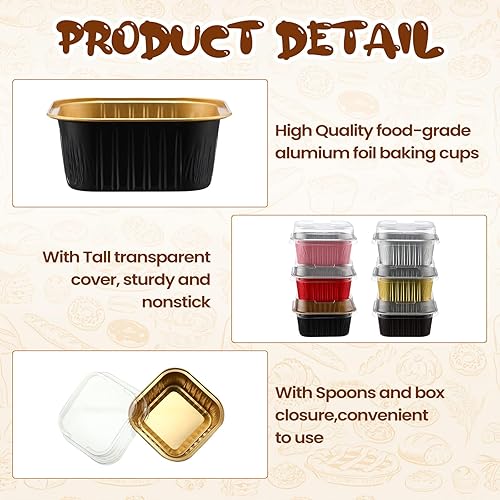 Miniatura 7 de Skylety 180 moldes para hornear mini cuadrados de 5 onzas con tapas, moldes de aluminio para cupcakes, mini recipiente para pasteles, moldes