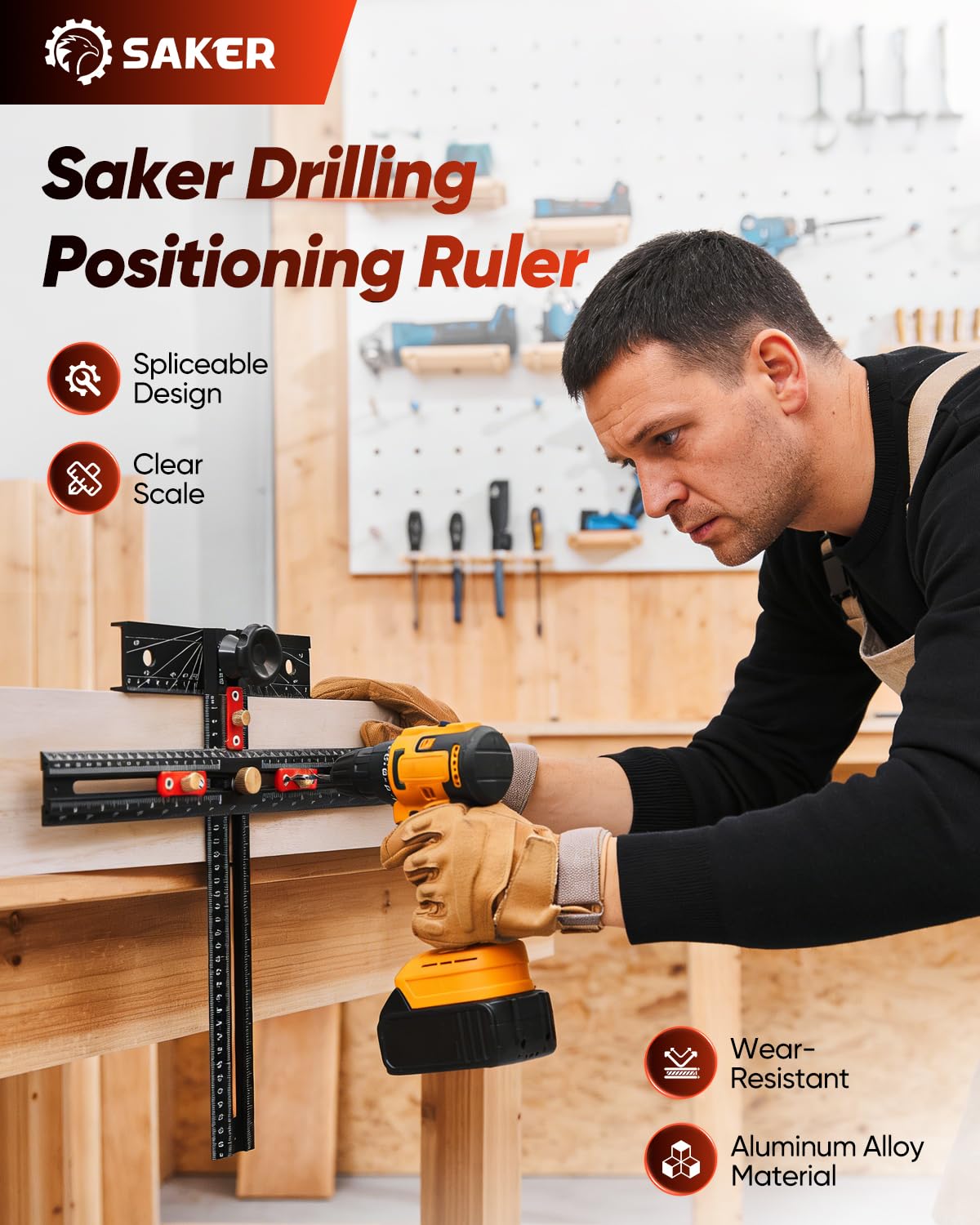 Saker 4-in-1 Scriber Marking Line Ruler, 29.5in Spliceable Extended T Square, Precision Line Drawing & Drilling Positioning Tool, Cabinet Hardware Jig with Angle Adjustment for Woodworking — Amazon image 2