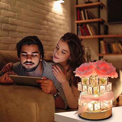 Miniatura 10 de Lámpara de mesa de cristal rosa, recargable, inalámbrica, 3 colores, lámpara de flores regulables, romántica lámpara LED de diamante rosa para