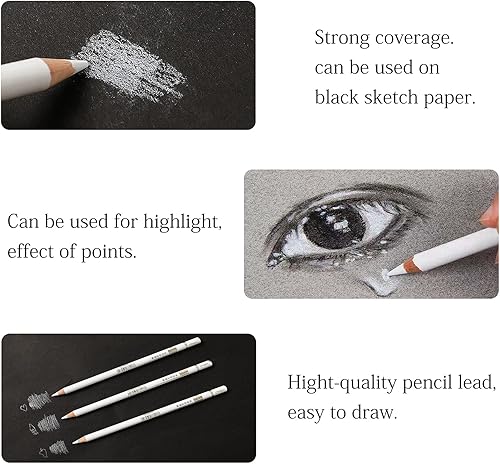 Miniatura 3 de Juego de lápices profesionales de carbón blanco, 8 lápices de bocetos con resaltes, lápices de tiza blanca para dibujar, bosquejar, sombrear,