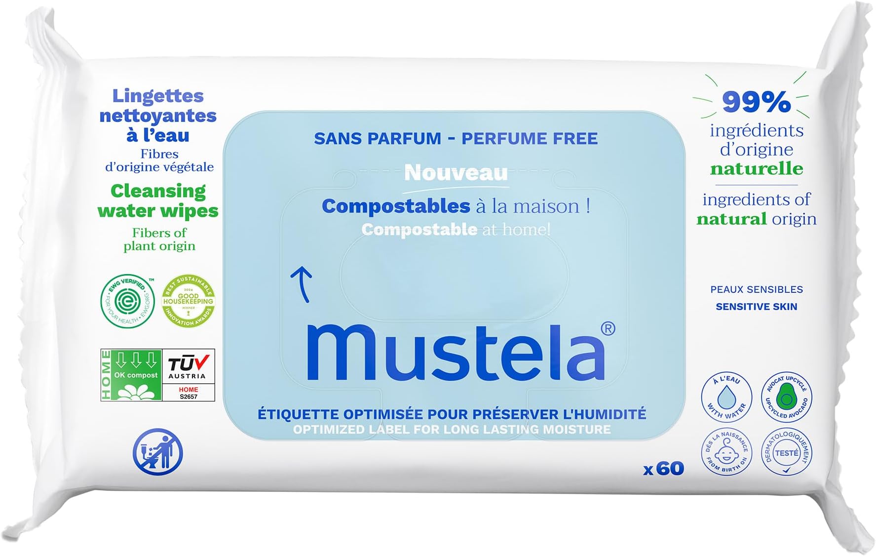 Mustela Baby Home Compostable Cleansing Wipes - For Face, Body & Diaper Area - 99% ingredients of natural origin & plant-based fibers - For all skin types - Fragrance Free Version & Various Sizes