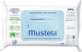 Mustela Compostable Unscented Diaper Changing Wipes, 100% Lyocell Fibers of Plant Origin, Body and Makeup, Baby and Whole Family - 99.7% Ingredients of Natural Origin (60 pcs.)