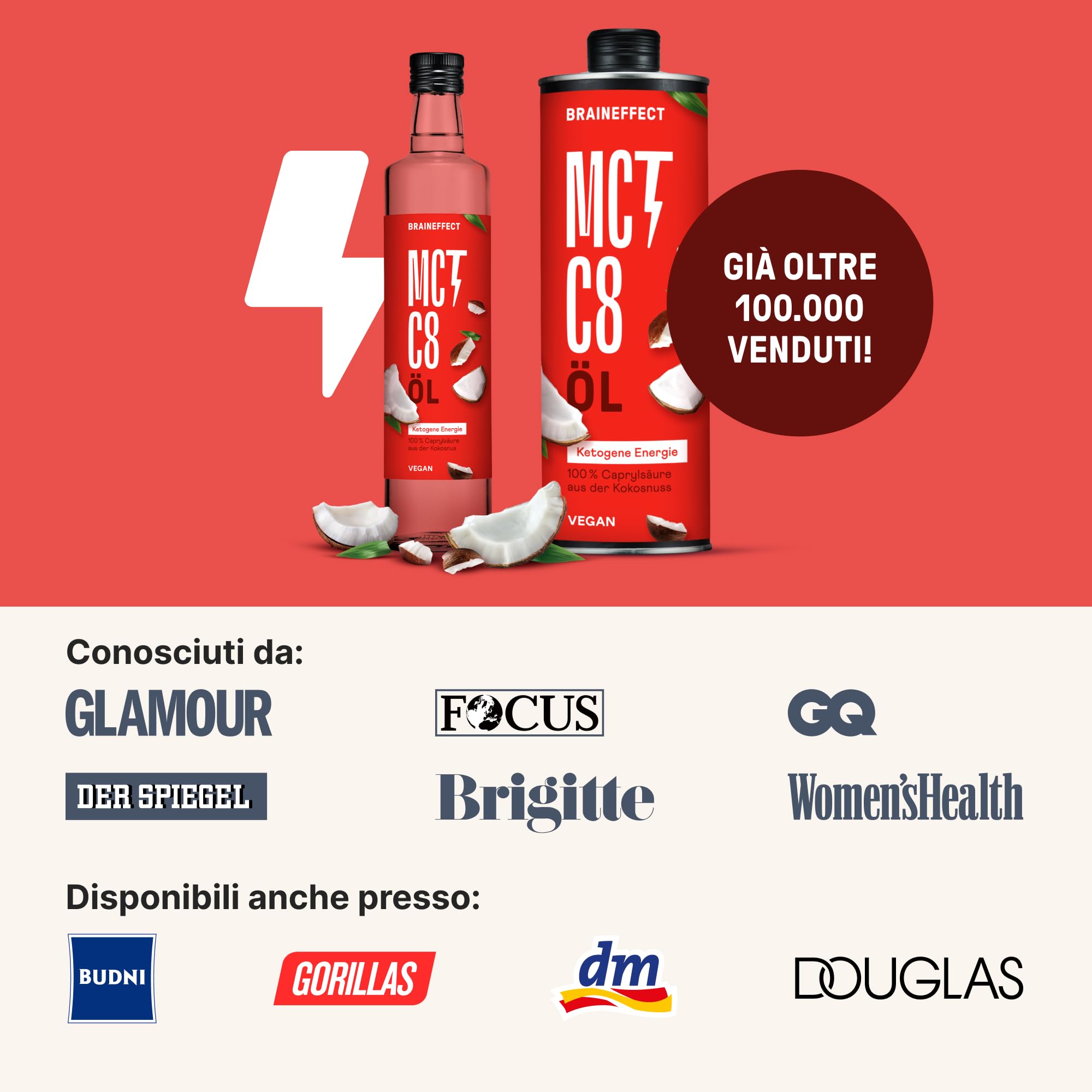 BRAINEFFECT Olio MCT 100% C8 - Qualità tedesca - Olio C8 puro (senza C10) da estratto di cocco di alta qualità - 1000 ml - Bottiglia metallica protettiva