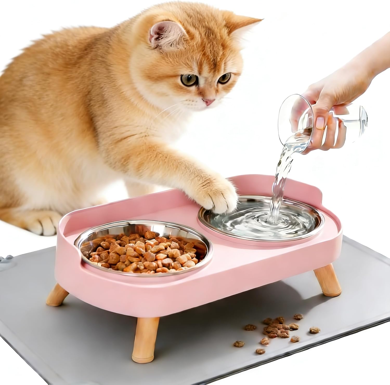 Elevated Cat Bowls with Food Mat, Splash Proof Anti Vomiting Raised Cat Food and…