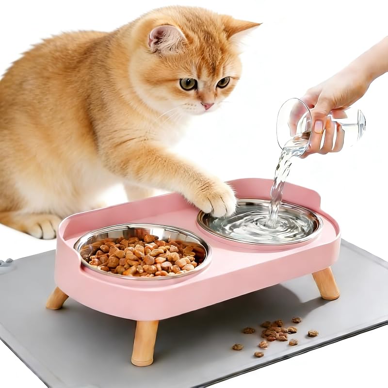 Pote elevado para gatos DIRZHX com 2 tigelas de aço inoxidável e tapete Pink