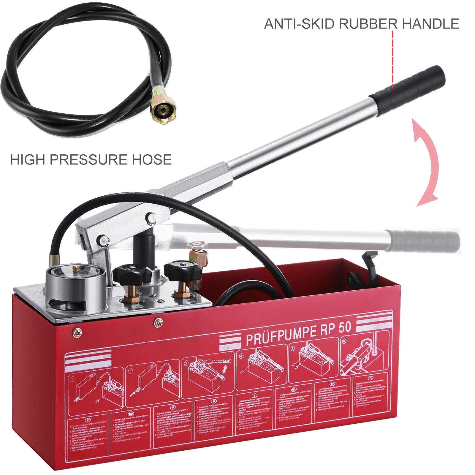 VEVOR Bomba de Prueba, 0-50 bar / 5 MPa / 725 psi Manual,Bomba de Prueba 12 L Depósito Prueba de Bomba con Doble Válvula Sistema Hidráulico 45 ml Flujo 1,27 cm Conexión Acero Inoxidable para Líquidos