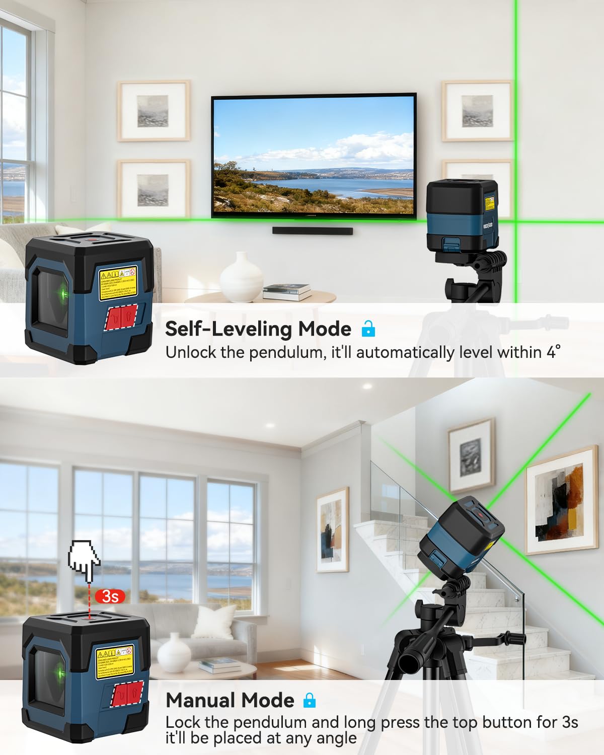 Nivel Láser con 1M Trípode,RockSeed Cruz Verde Nivelador láser Puntos Horizontales y Verticales Nivel Laser Autonivelante Giratorio de 360 grados con Modo Manual/Autonivelante IP54