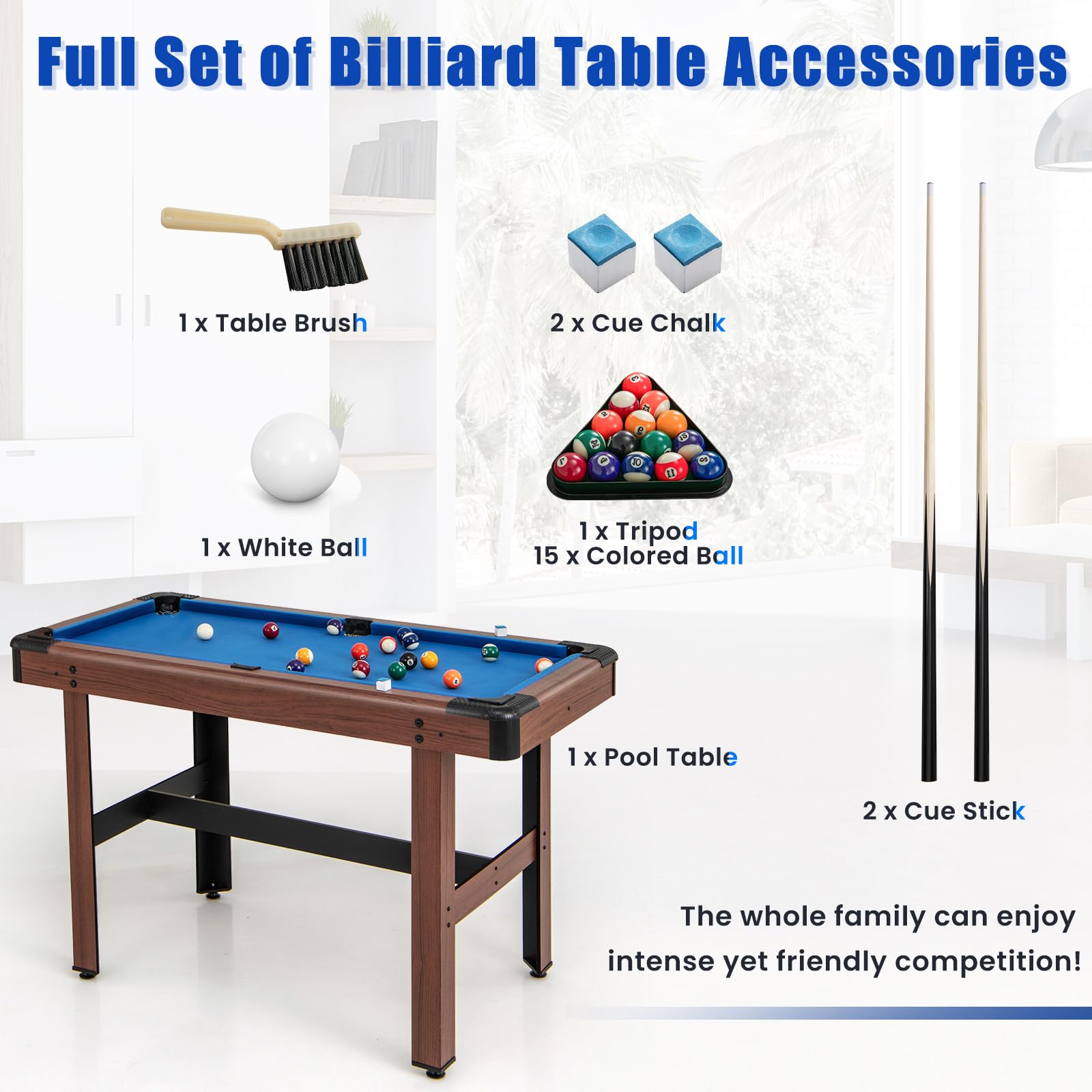 HOMASIS Tavolo da Biliardo, Mini Tavolo da Biliardo in Legno con 16 Palline, 2 Steccole, 2 Gessi, Triangolo, Spazzola, Gioco da Carambola da Casa, Bar, per Bambini e Adulti, 122 x 61 x 76 cm