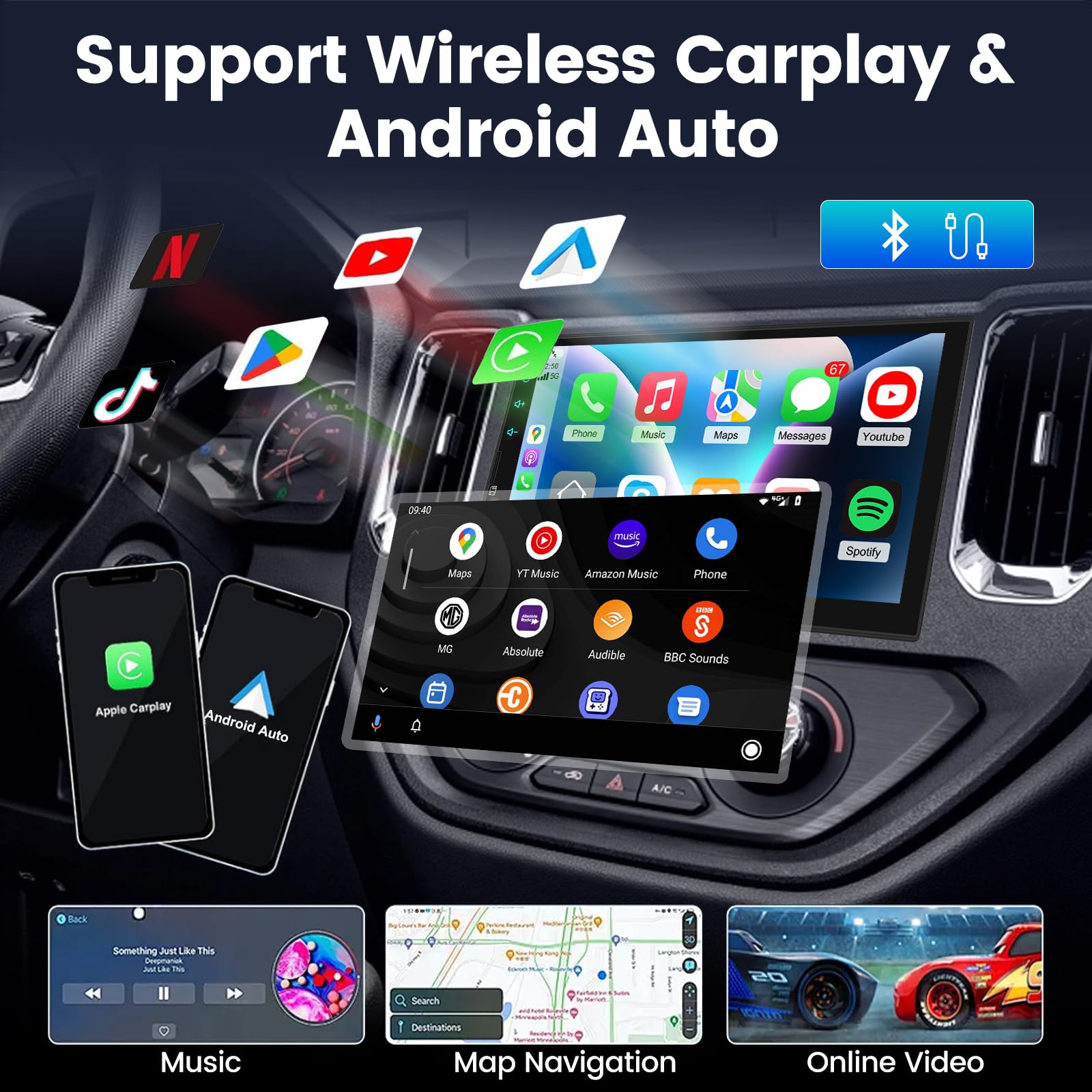 NHOPEEW Radio samochodowe 2 DIN, DAB – 7 cali, obsługuje bezprzewodowe CarPlay Android Auto Mirror Link sterowanie kierownicą + kamera cofania 12 LED
