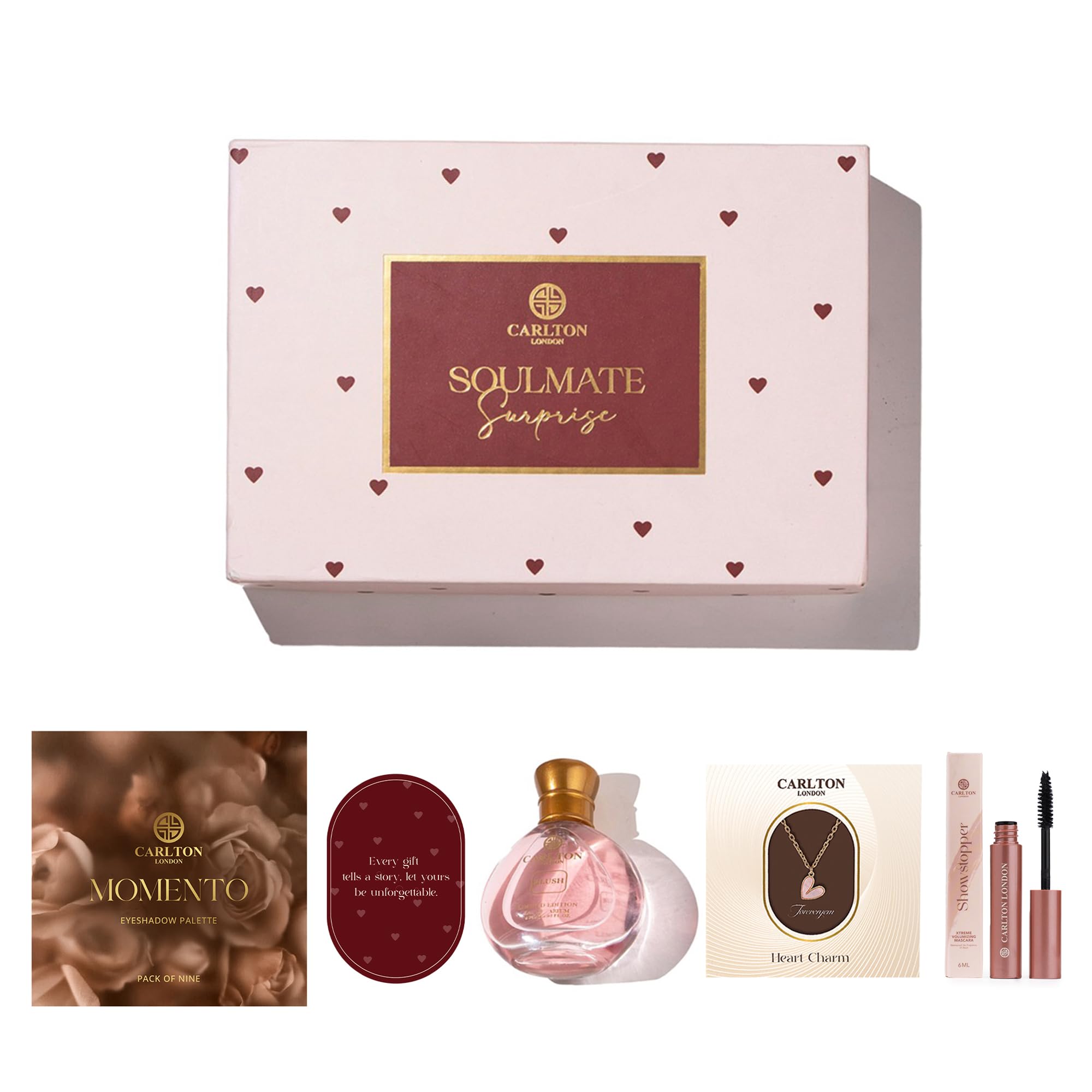 Carlton London Soulmate Surprise Gift Set of 5 – Mascara, Perfume, Eye Shadow Palette, Heart Charm & Card | Cosmetic & Makeup Gift Set for Women