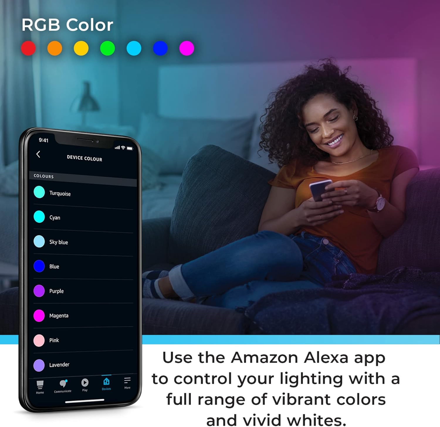 Smartphone screen showing mood selection for lighting presets in the Alexa app, with text 'Using Moods, select lighting presets that cycle through colors with varying effects.'