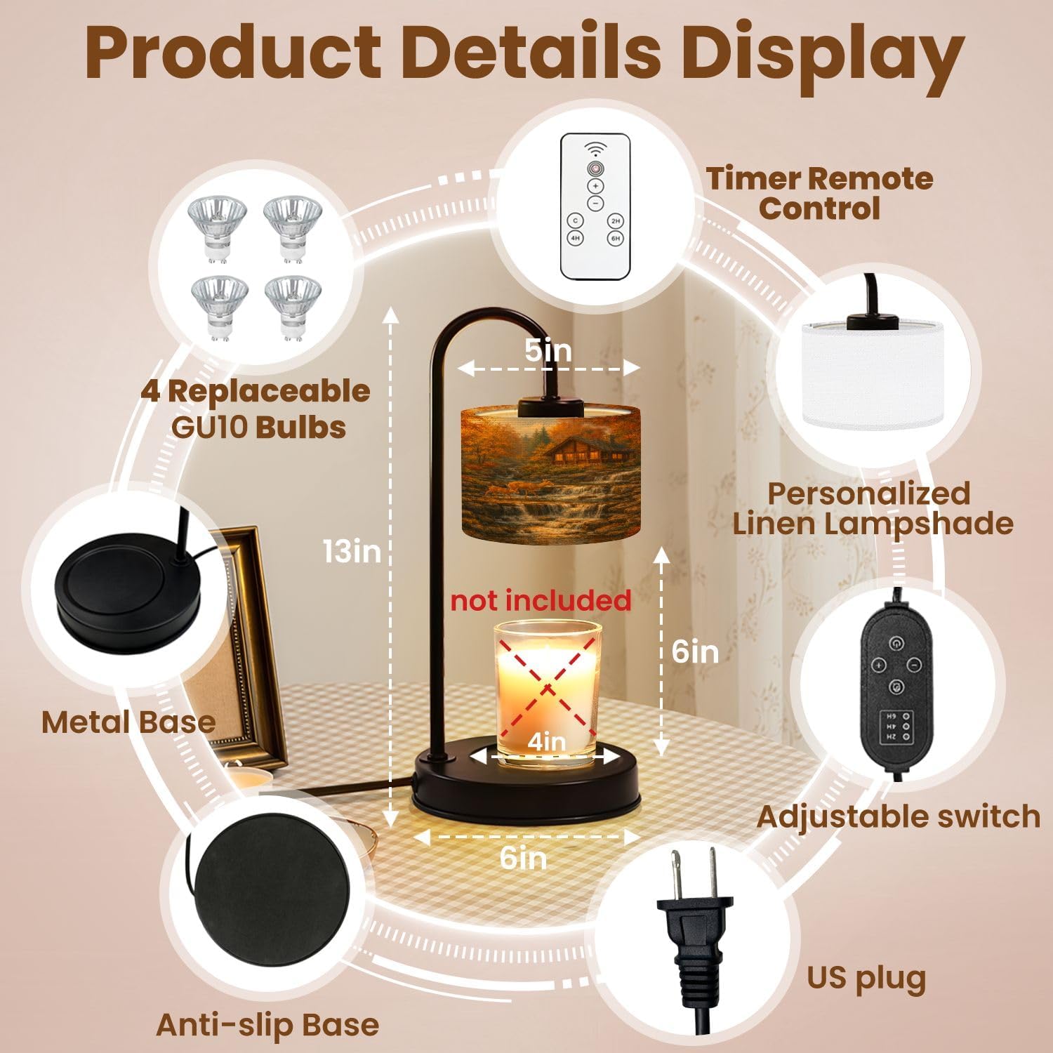 Candle Warmer Lamp with Timer Dimmer, Autumn Forest Landscape Waterfall Deer Family Cozy Cabin Lamp Candle Warmer with 4 Bulbs House Warming Women Mom Gifts for Birthday Home Decor