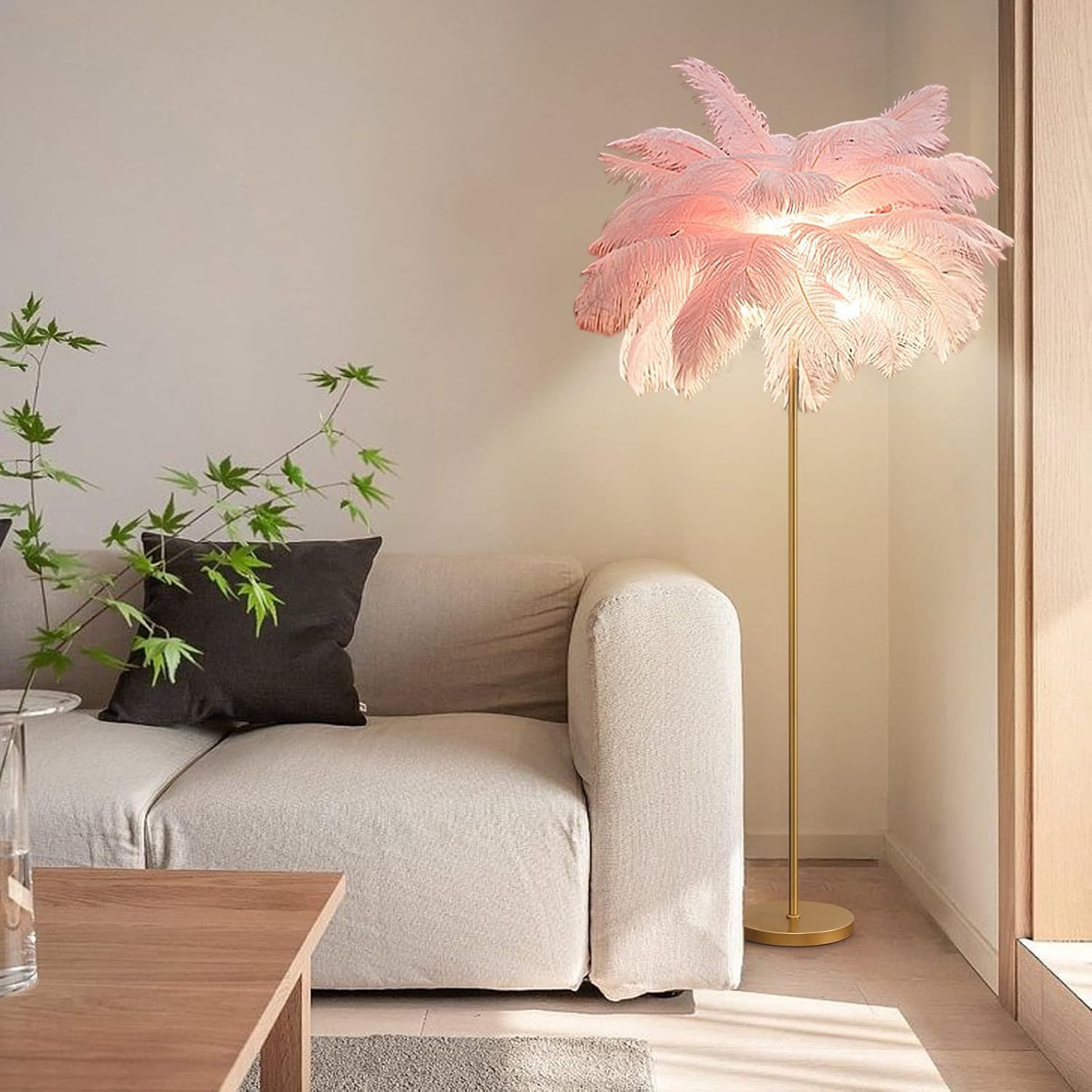 Atwnjkp Ostrich Feather Lamp Feather Floor Lamps,62“ Simple Modern Pink Feather Bedroom Standing Lamp,3 Colors Led Bulb,Decorative Lamp for Living Room Bedroom Office Nursery Hotel Girl Room