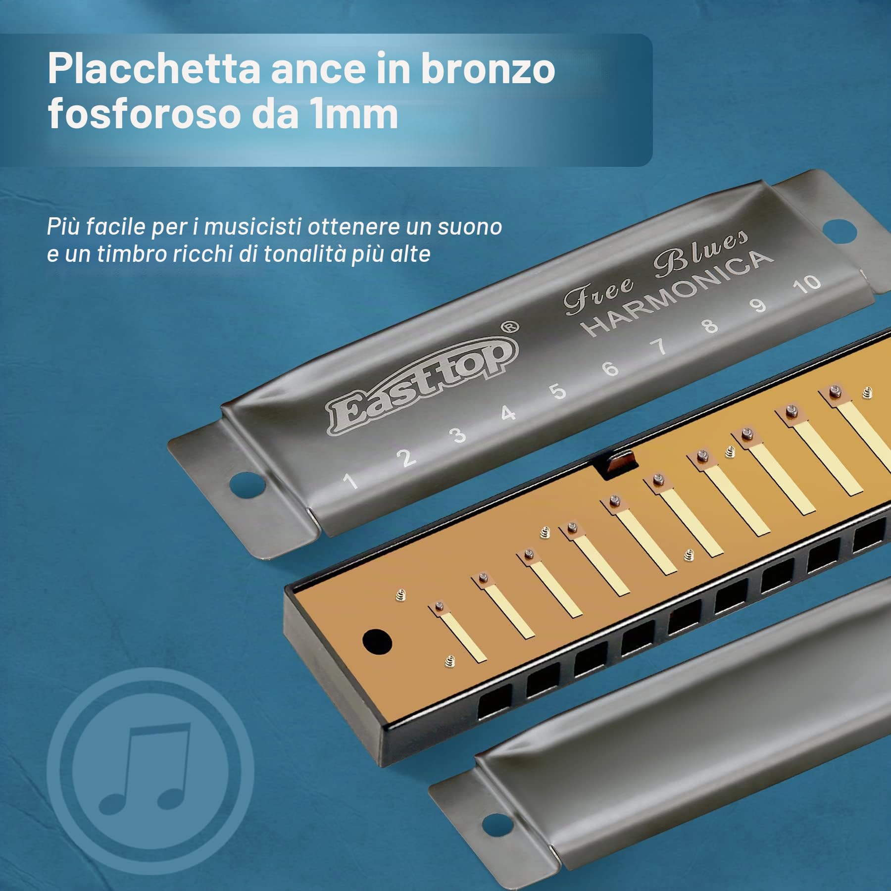 East top - Armonica diatonica a 10 fori, 20 toni, chiave di C Blues bocca organo, armonica per adulti, principianti, professionisti e studenti (grigio argento)