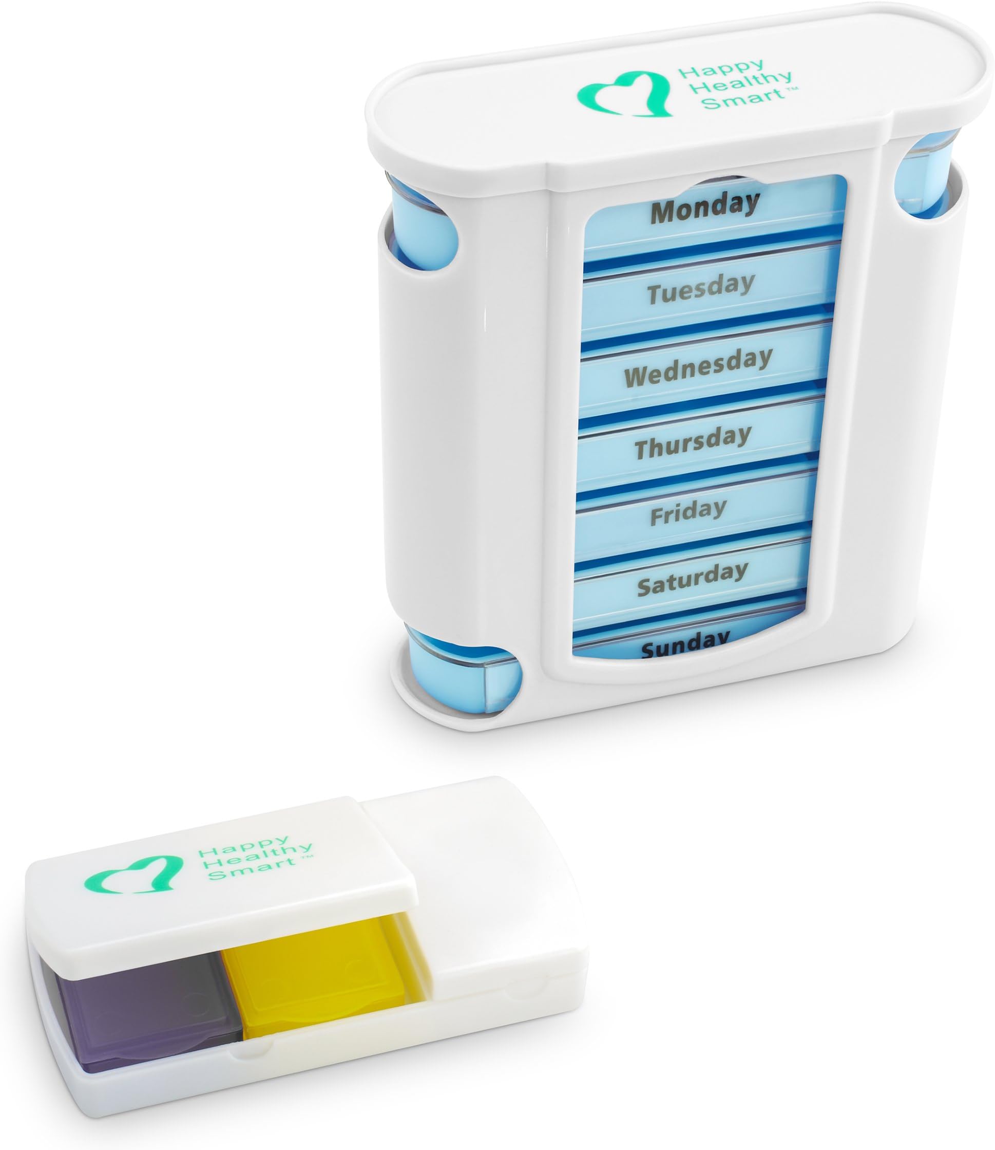 Happy Healthy Smart | Unique Medicine Pill Dispenser | Large Pill Cutter, Tablet Organizer Planner | Easy Organization With Drawers And Compartments