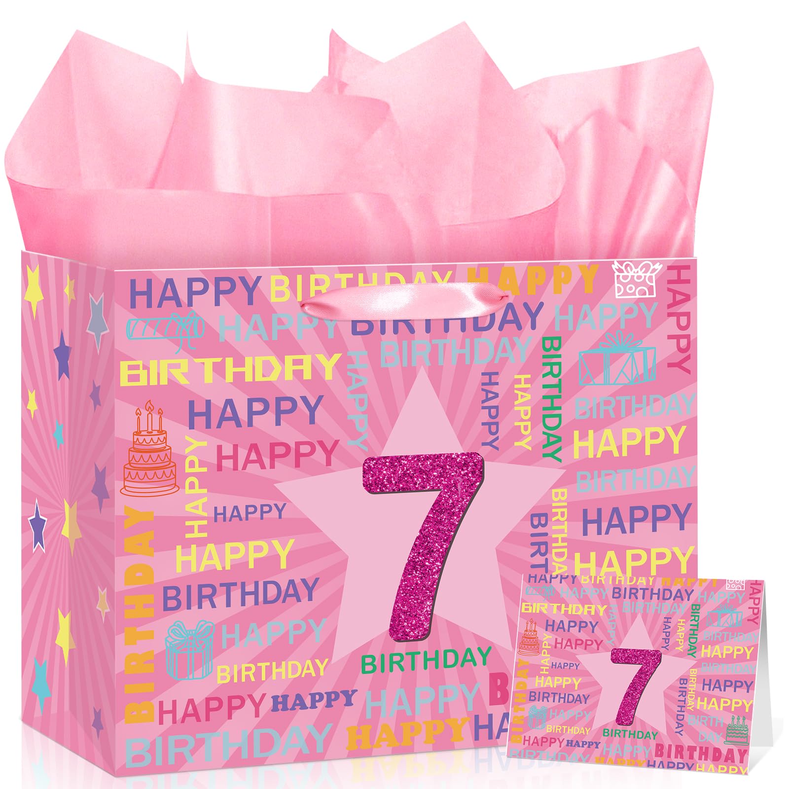 7th Birthday Gift Bag with Card & 3 Sheets Pink Tissue Paper, Glitter Pink Number 7 Star Present Bag for Girls, Large Luxury Happy Birthday Wrap for Daughter Granddaughter 7 Years Old