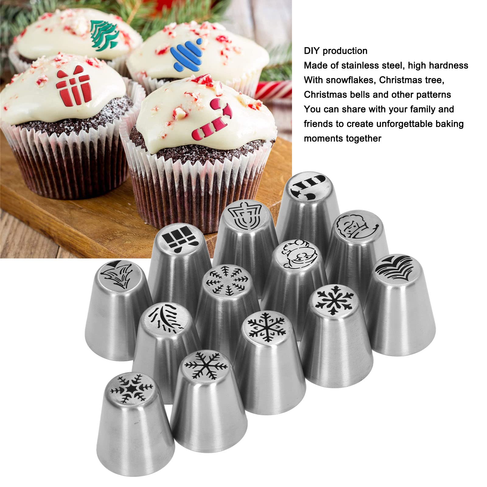 Christmas Cake Decorating Tips 13pcs | Stainless Steel Frosting Nozzles for Cupcakes/Cookies/DIY Baking | Snowflake, Tree, Bell Designs