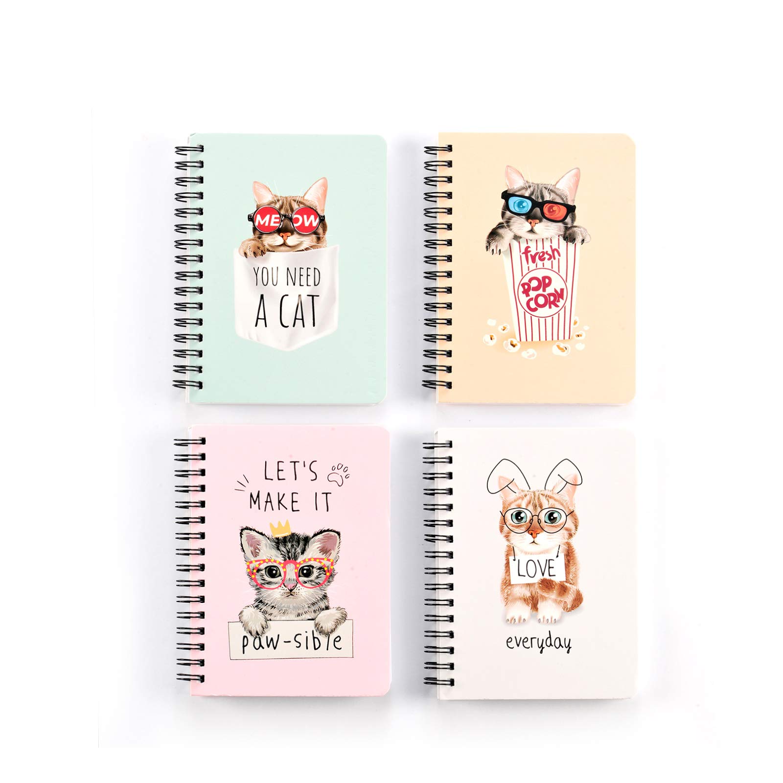 6x4 Cat Notebooks for Travel 4 Pack Composition Notebooks for Boys and Girls, Colorful School Mini Notebooks, A6 Writing Diary Notebooks with Lined Paper, Personalized Spiral Notebooks for Class (Cat)