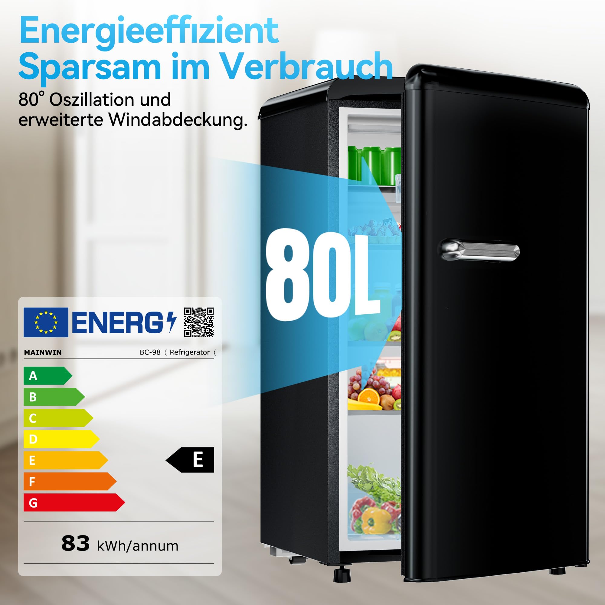 JUMMICO Kühlschrank 80L, mit Gefrierfach, inklusive LED-Beleuchtung, ideal für Getränke und Lebensmittel, kleiner Kühlschrank, schwarz