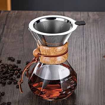 Pour Over Coffee Maker with Diamond Shape Wood Sleeve, Reusable Stainless Steel Filter 14OZ