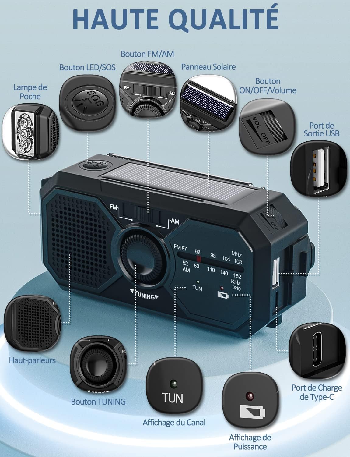 UOHHBOE Radio Solar Generador Portátil SOS Sirena AM/FM 2500 mAh carga a través de USB-C brújula