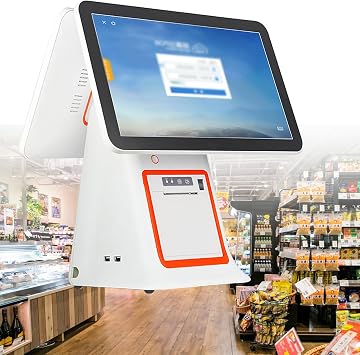 All-in-One Smart Cash Register with 15.6" Dual Touch Screen, PC POS Cash System, Built-in Receipt Printer, for Small Business, Retail, Supermarkets,White-A