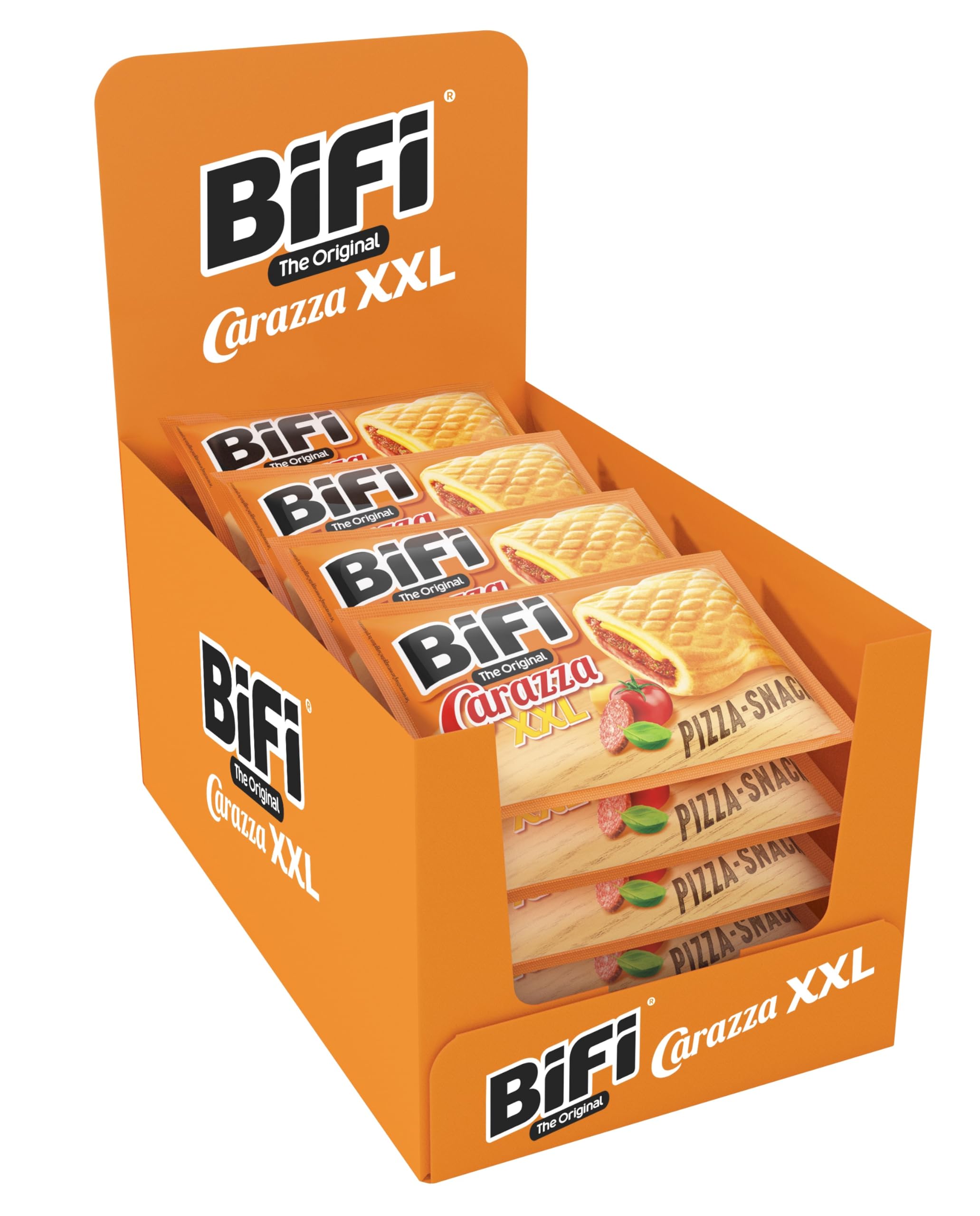 BiFi Carazza Original XXL - Aperitivos de pizza, pack de 16 bolsitas (75 g cada una), minipizzas para llevar, para viajes, oficina y pausa del mediodía, con salami, salsa de pizza y queso