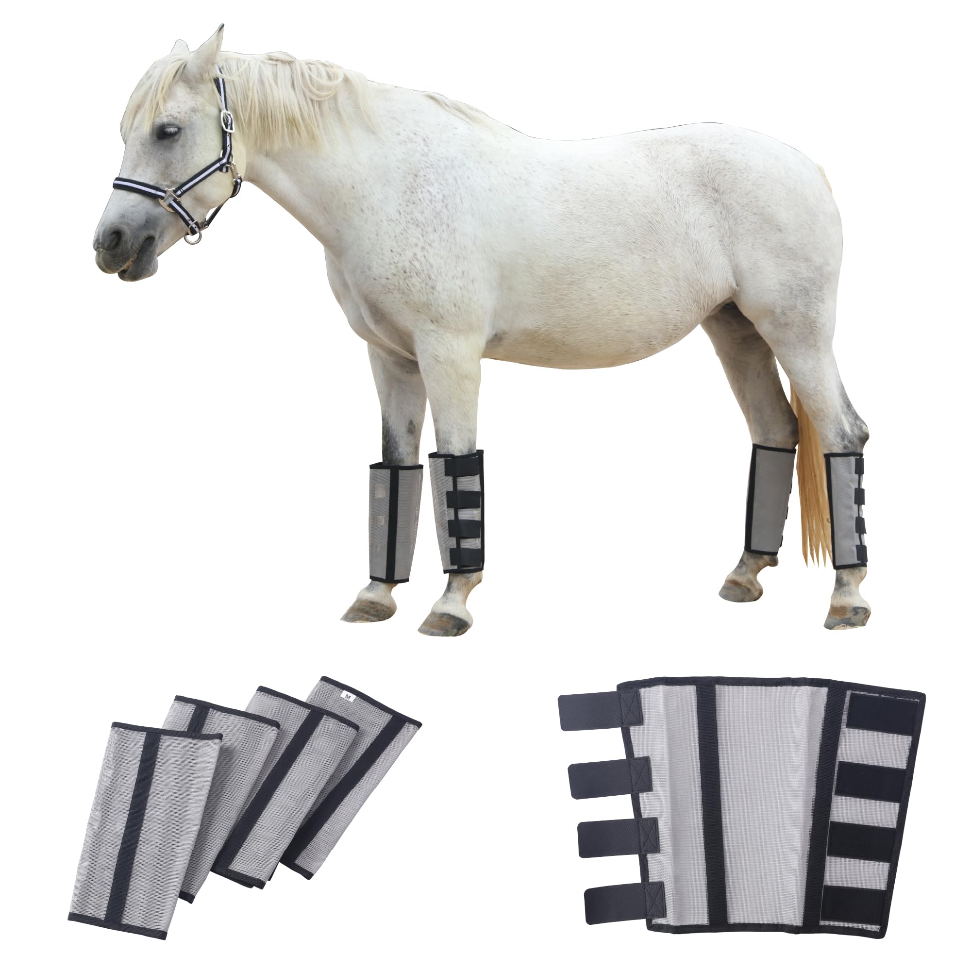 Set di 4 ghette antimosche per cavalli, riducono i colpi di zoccoli, leggeri, taglio ampio, rete traspirante, fissaggio con velcro, antiscivolo, per pascolo, stalla, grigio