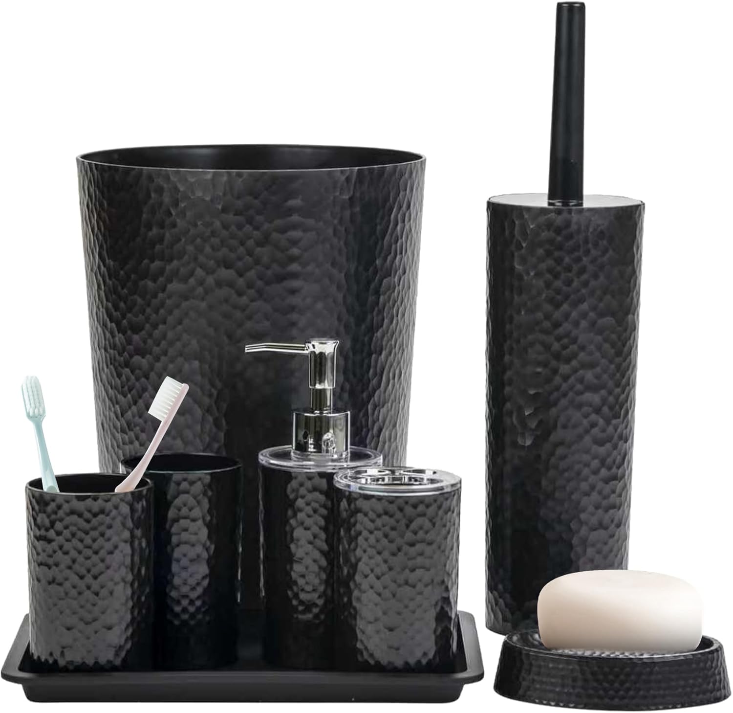 Rosewill Bathroom Accessories 8-Piece Set – Trash Can, Toilet Brush with Holder, Lotion Dispenser, Toothbrush Holder, 2 Toothbrush Cups, Soap Dish & Tray - Black