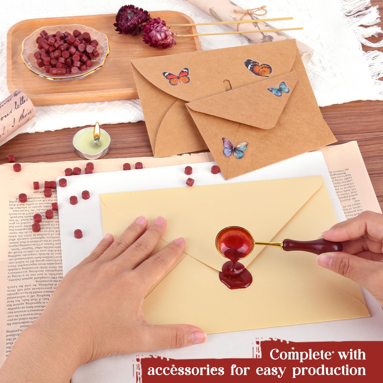 Kit de Sceau de Cire Octogonal Rouge avec 500 Perles de Cire et Cuillère à Fondre