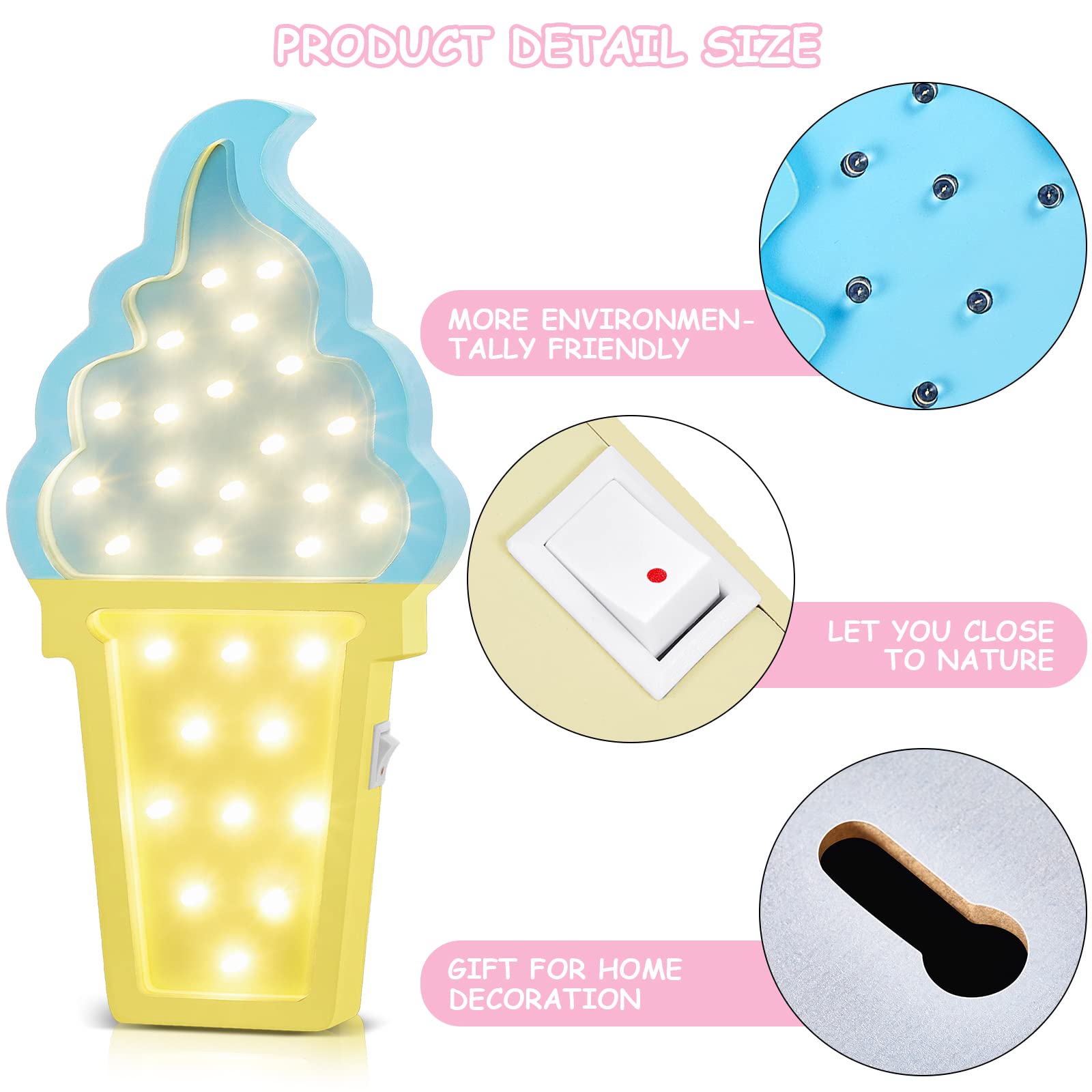 2 pz Gelato San Valentino Romance Atmosfera Luce in legno Gelato LED Night Light Ice Cream Theme San Valentino Romance Lampade LED a batteria Luci notturne per feste di compleanno Decor (blu-giallo)