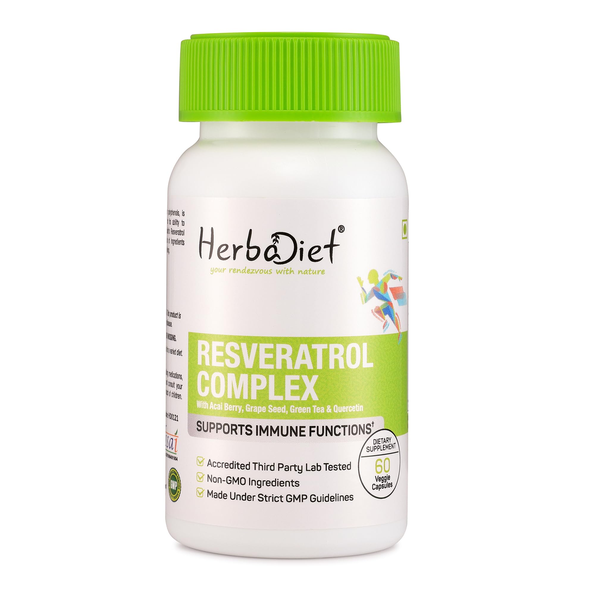 Herbadiet Resveratrol Complex 60 Capsules|With Extracts Of Acai Berry,Green Tea&Quercetin|Immune Support,Antioxidant,Heart Health Supplement