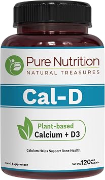 Pure Nutrition Cal D - Plant Based Calcium with VIT D3 K2 & Magnesium | 120 Tabs | 1000mg Vegan Calcium per Serving | Supplement for Bone Health