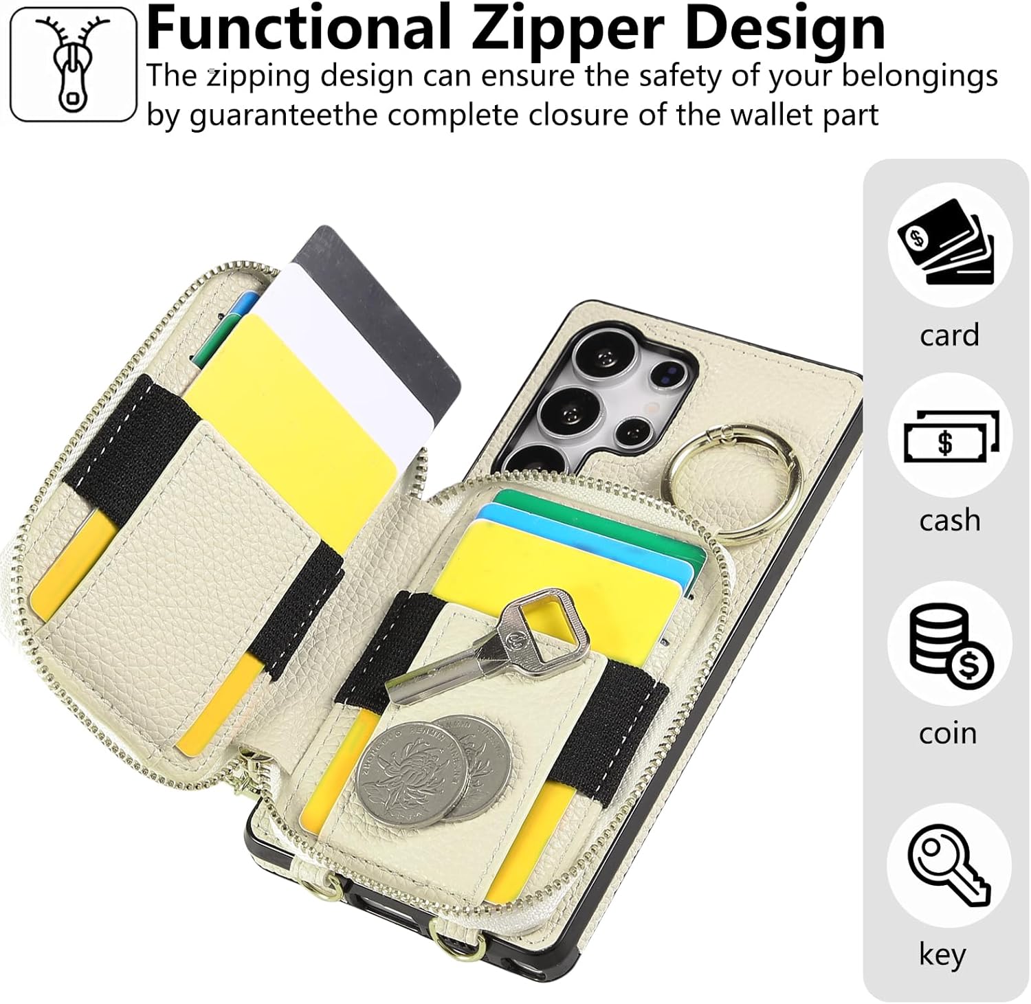 Asuwish Phone Case for Samsung Galaxy S26 Ultra 5G Zipper Wallet Cell Cover with Screen Protector Ring Credit Card Holder Slot Crossbody Strap Lanyard S26Ultra 26S S 26 26Ultra 6.9 2026 Women Beige